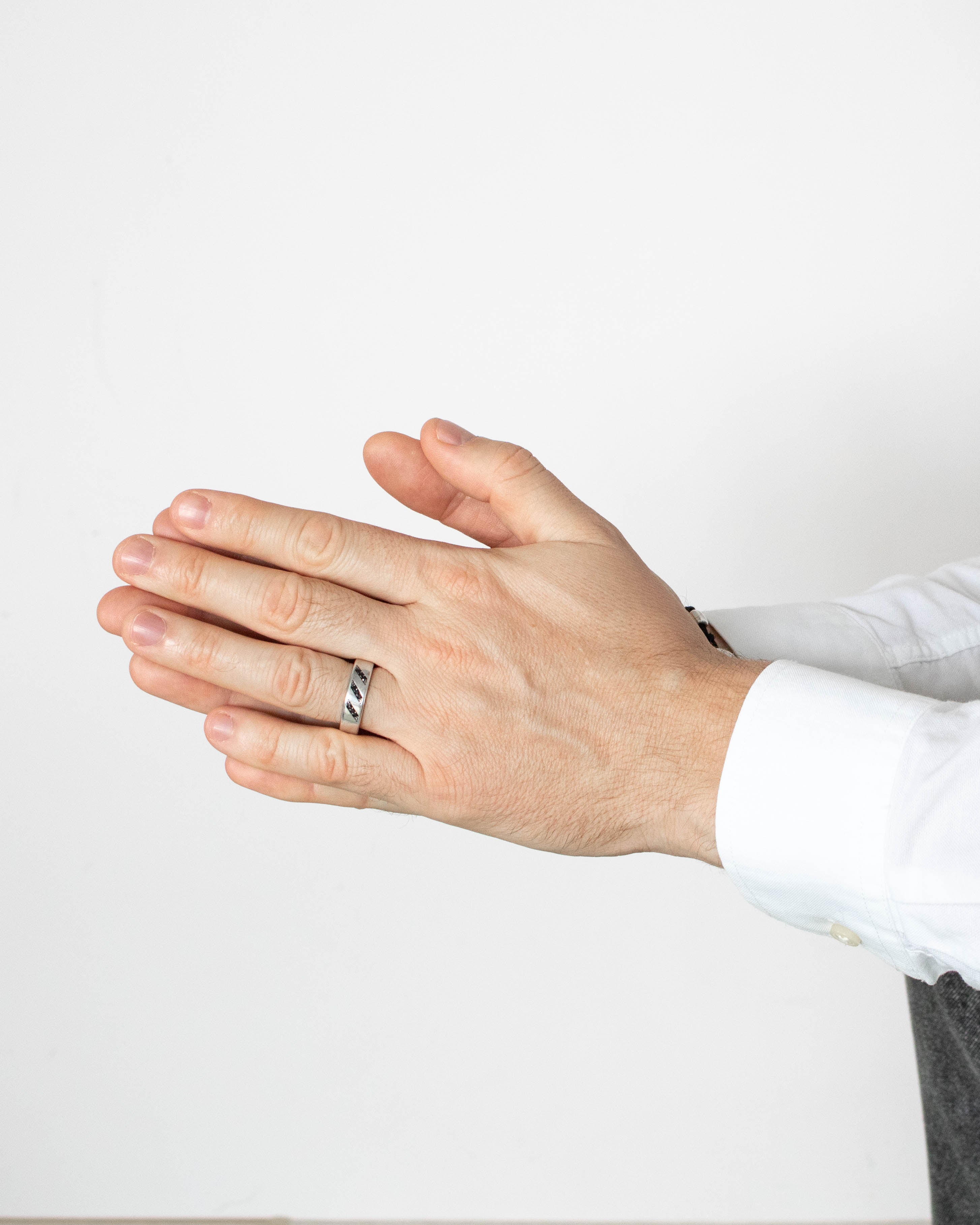 Minimalist Silver Wedding Ring Band with Black Stones