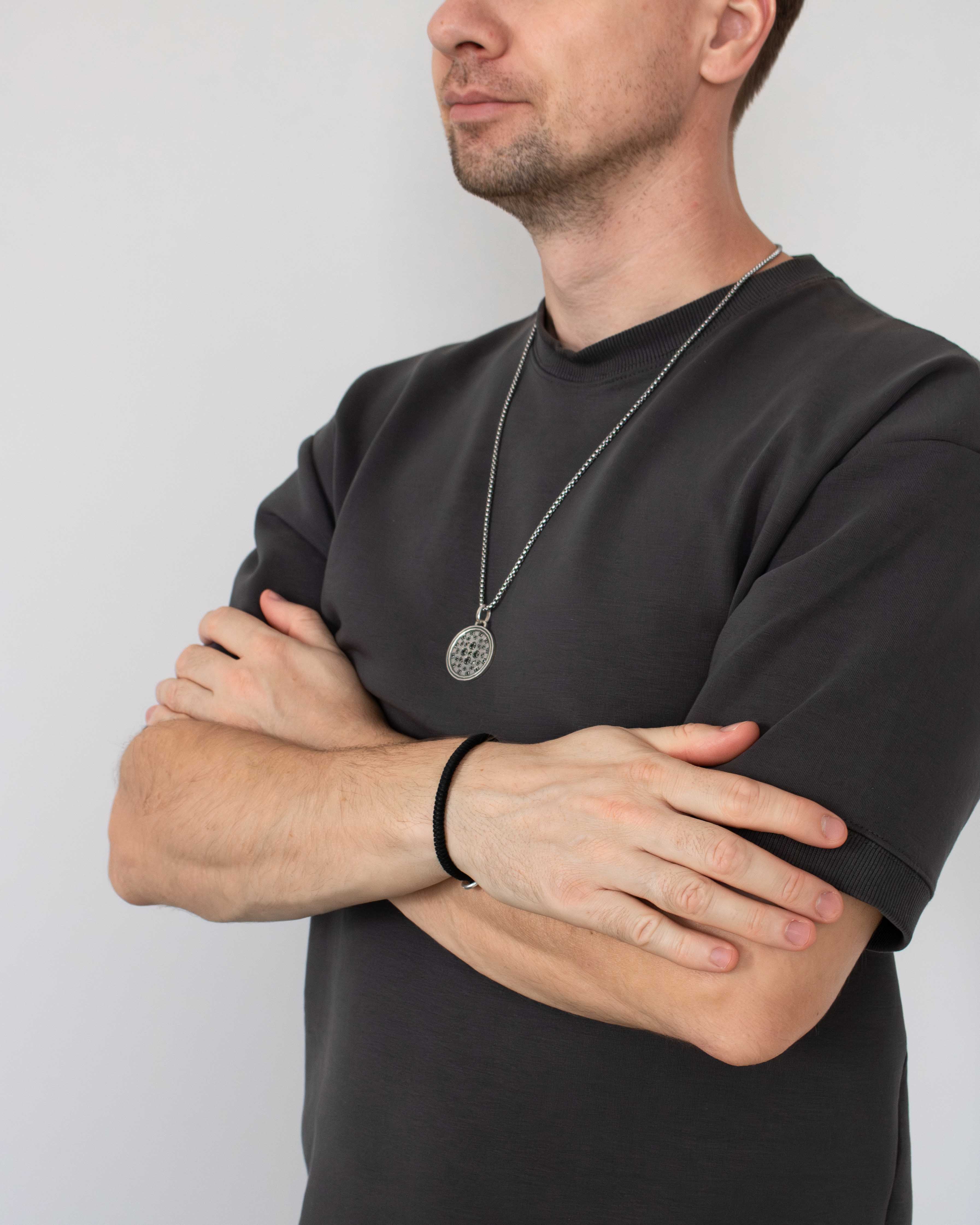 Mens Checkered Silver Round Pendant Black Gemstones