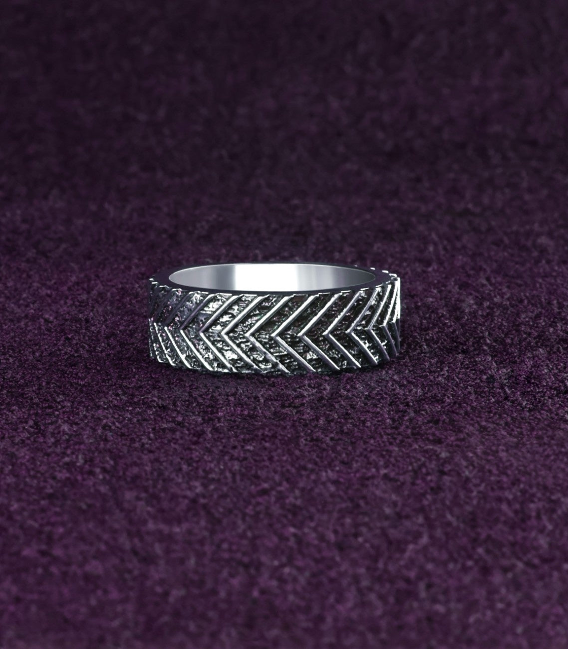 Mens Hammered Ring Solid Silver Brutal Chevron Design