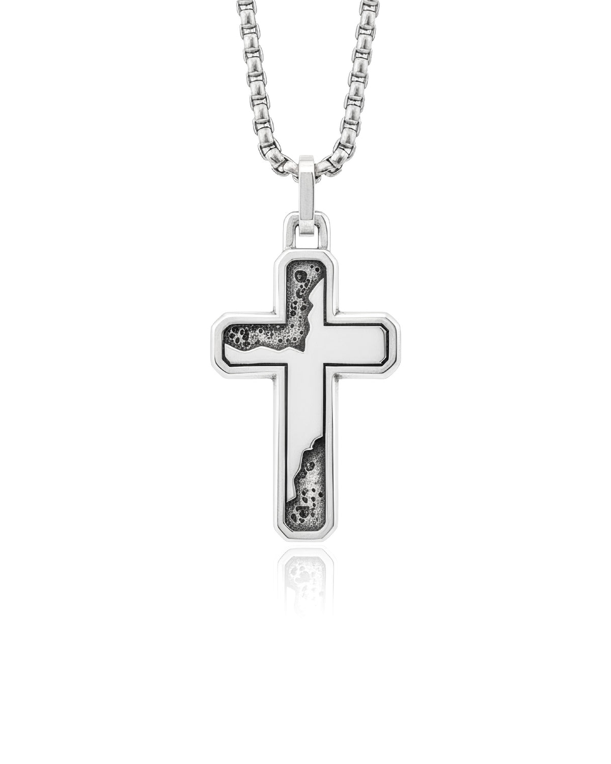 Cracked Cross Necklace Oxidized and Plain Silver