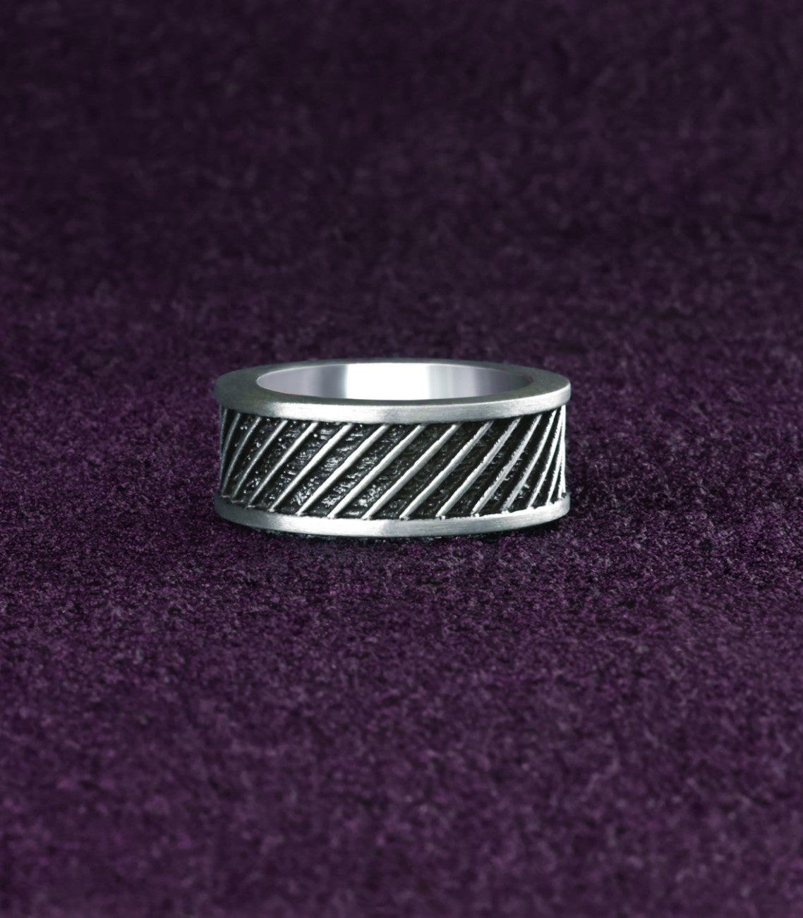 Brutal Chunky Silver Ring Black Oxidized with Stripes