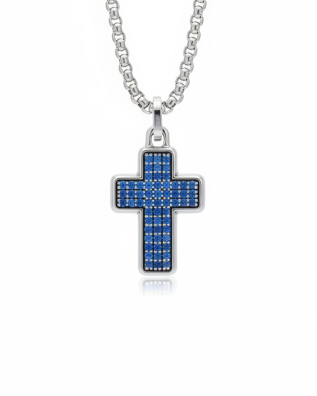 Multi-Stone Cross Necklace Silver Blue Sapphire CZ