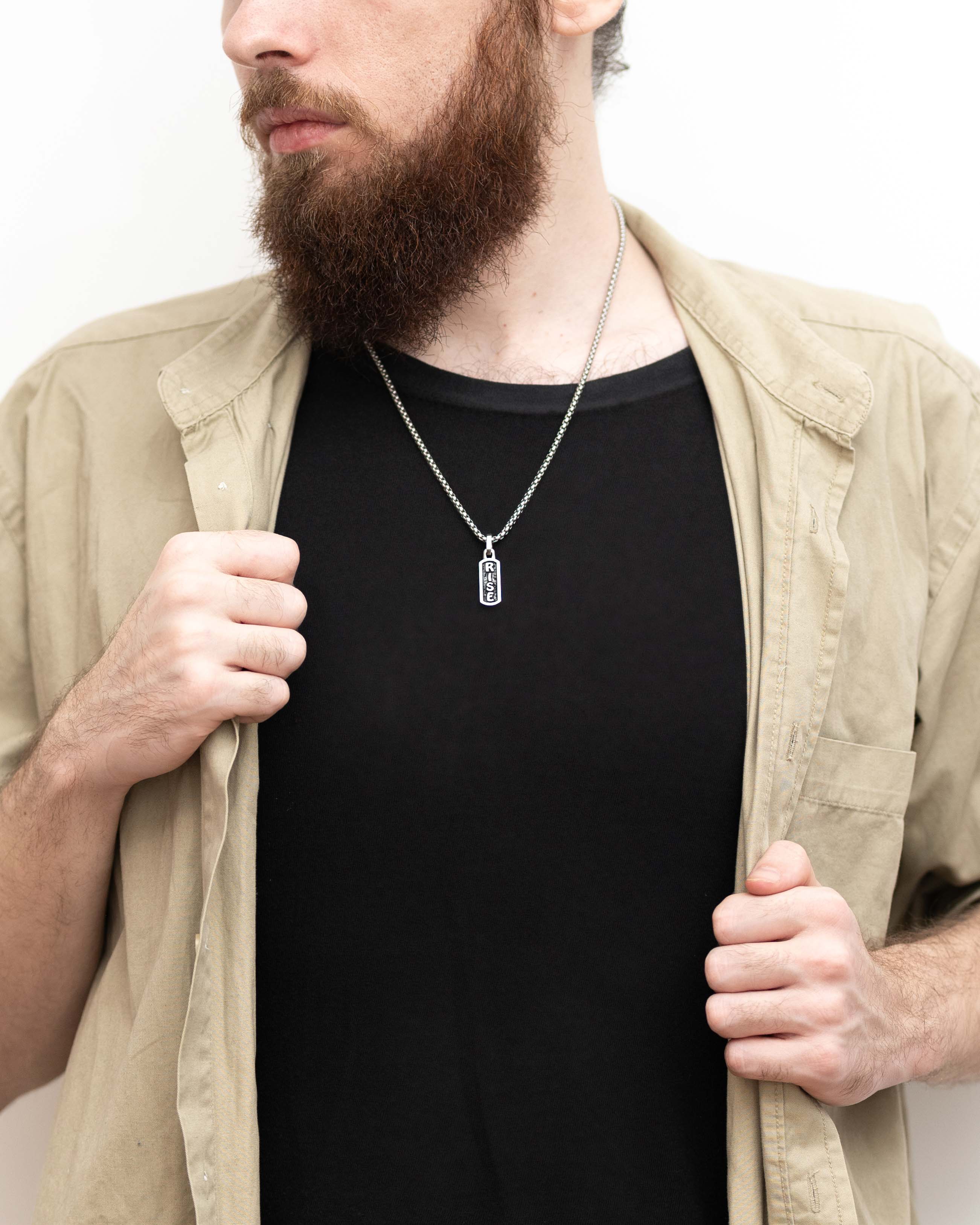 Affirmation Necklace Amulet Engraved Word RISE Silver