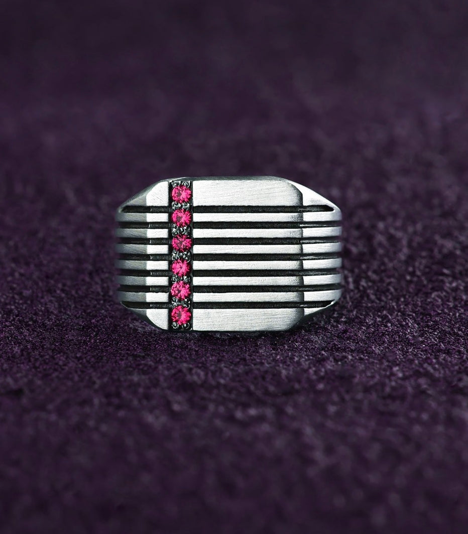 Modern Mens Grooved Signet Ring with Custom Red Stones