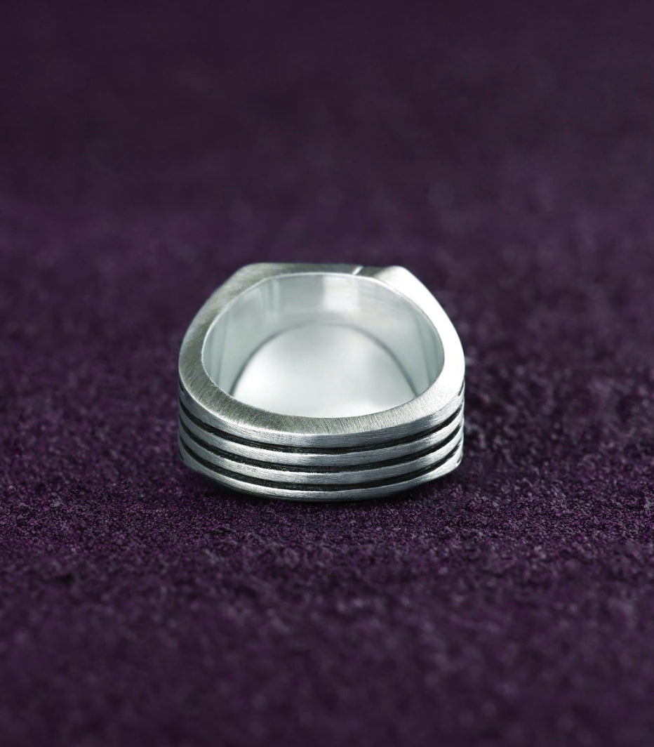 Modern Mens Grooved Signet Ring with Custom Red Stones