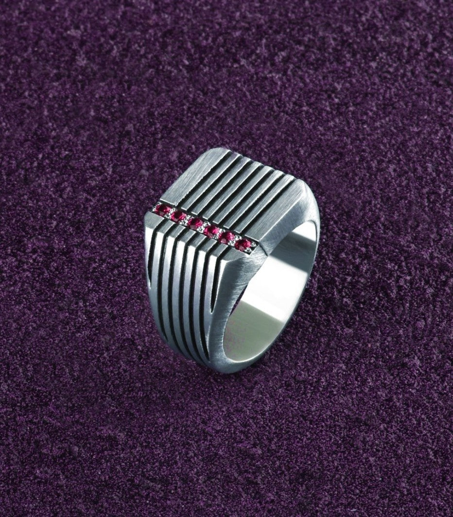 Modern Mens Grooved Signet Ring with Custom Red Stones