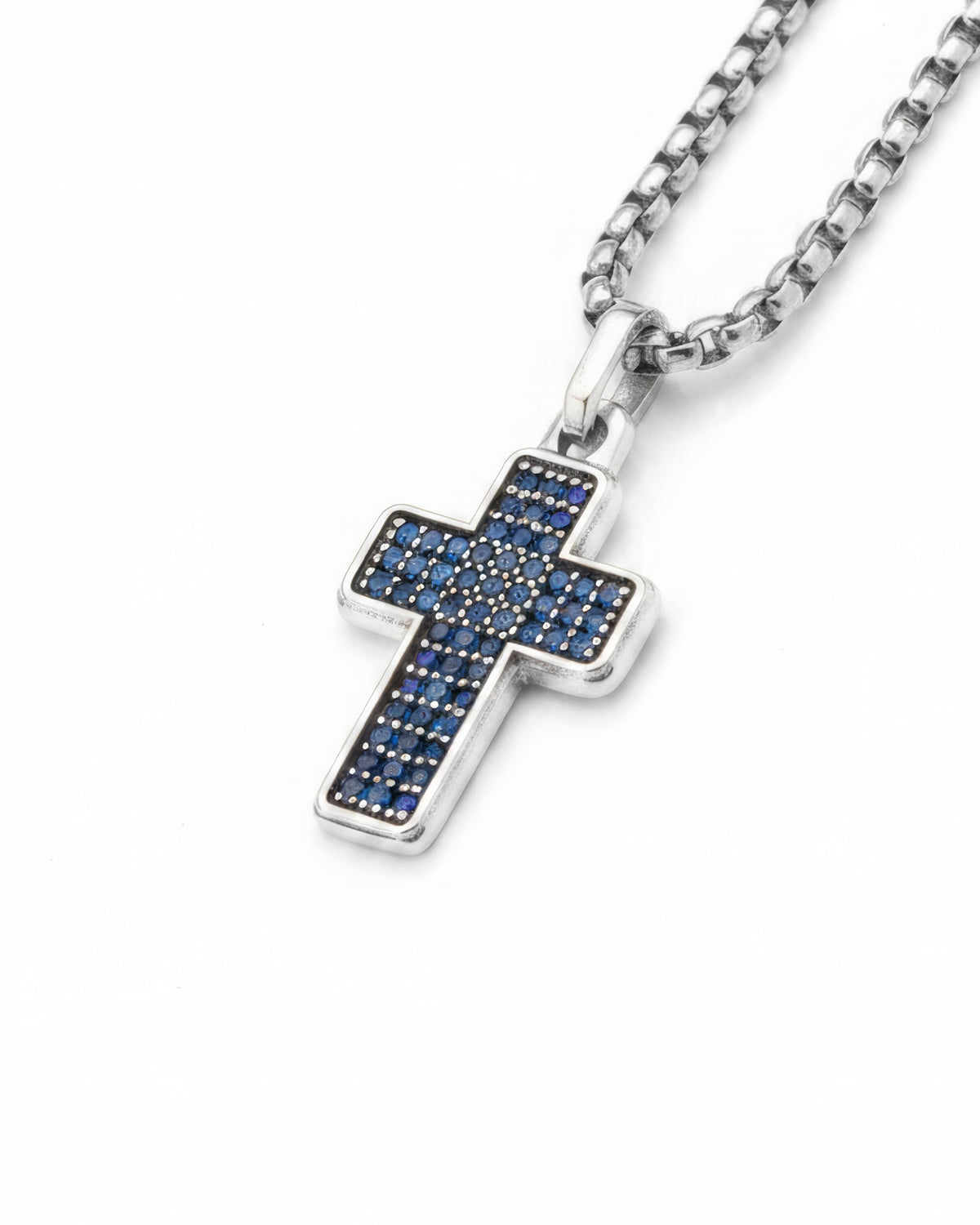 Multi-Stone Cross Necklace Silver Blue Sapphire CZ