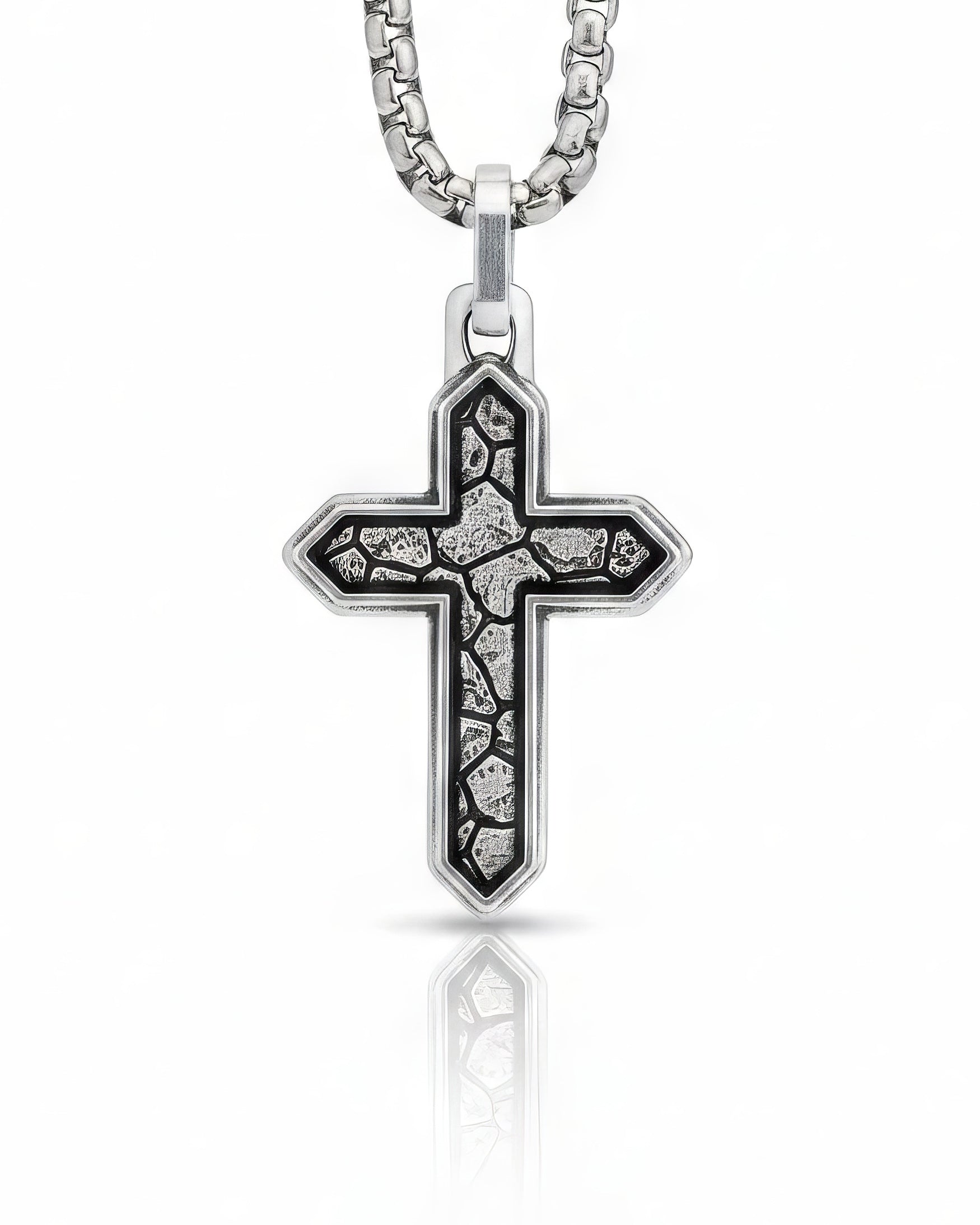 Earthy Cross Pendant Necklace Cracked Design Silver