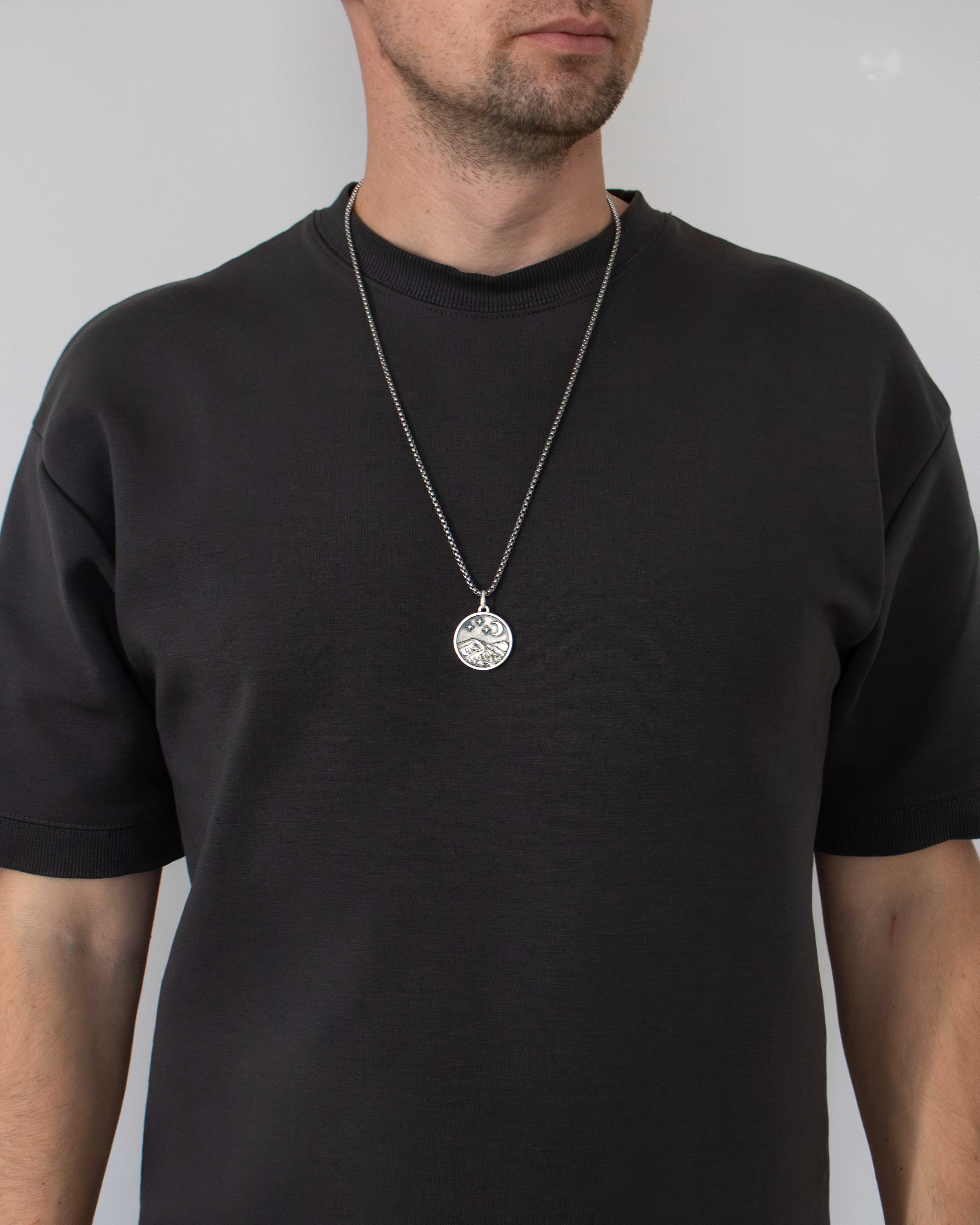 Silver Round Amulet Necklace with Mountain Peak & Moon