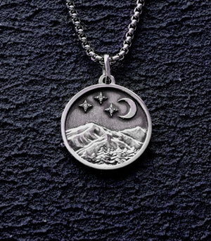 Silver Round Amulet Necklace with Mountain Peak & Moon