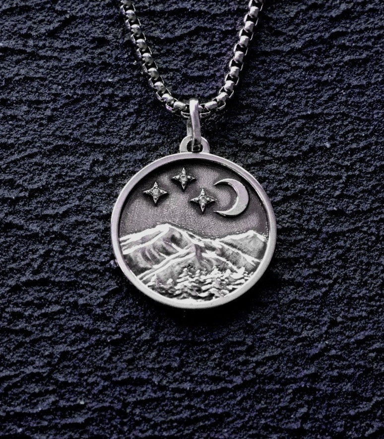 Silver Round Amulet Necklace with Mountain Peak & Moon