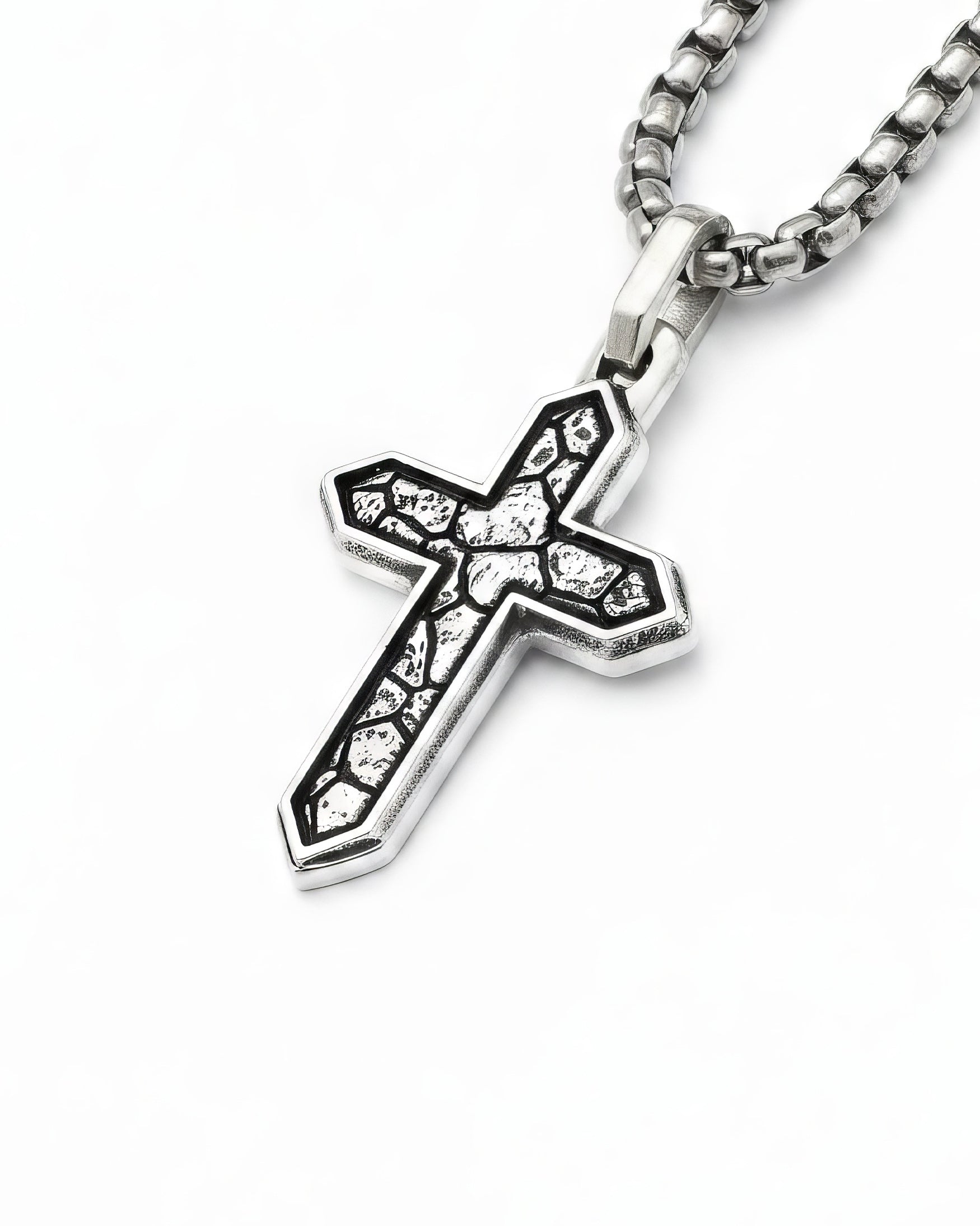 Earthy Cross Pendant Necklace Cracked Design Silver