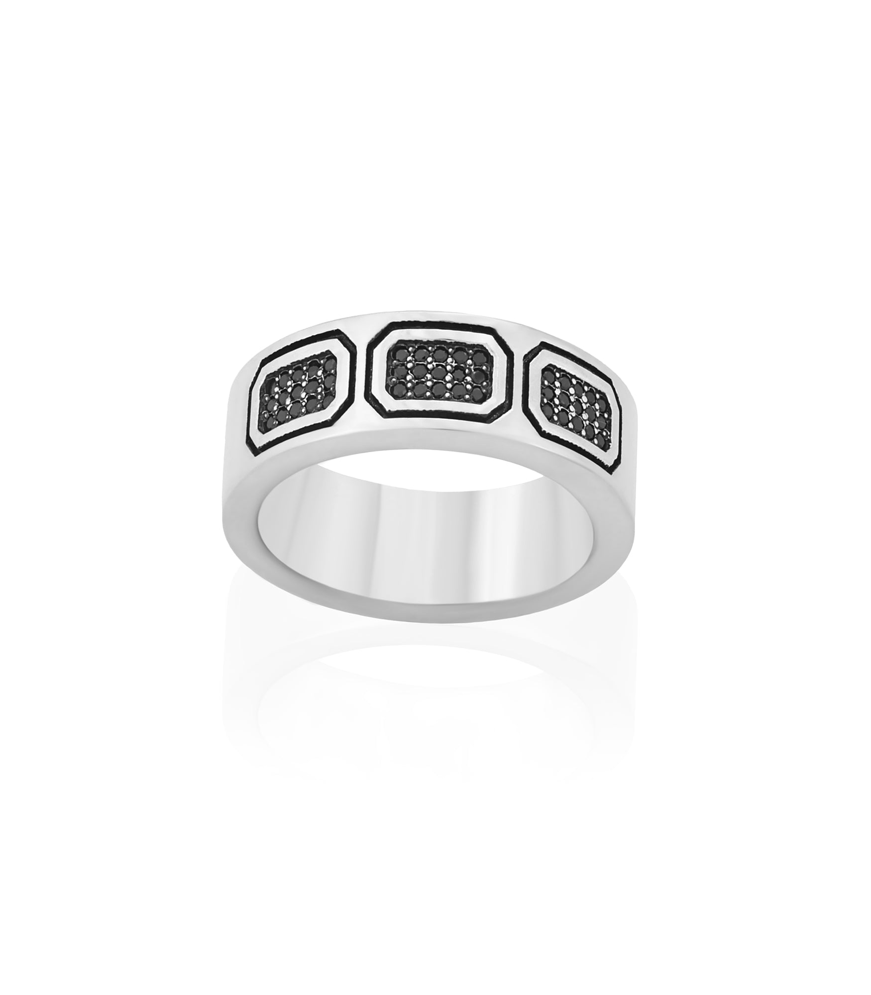 Geometric Silver Engagement Ring for Men Black Stones