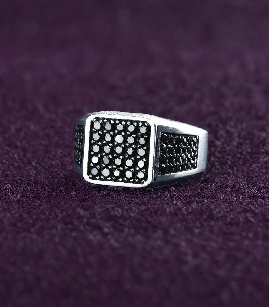 Mens Designer Ring Black Stone Signet Sterling Silver