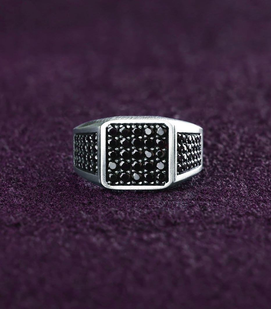 Mens Designer Ring Black Stone Signet Sterling Silver
