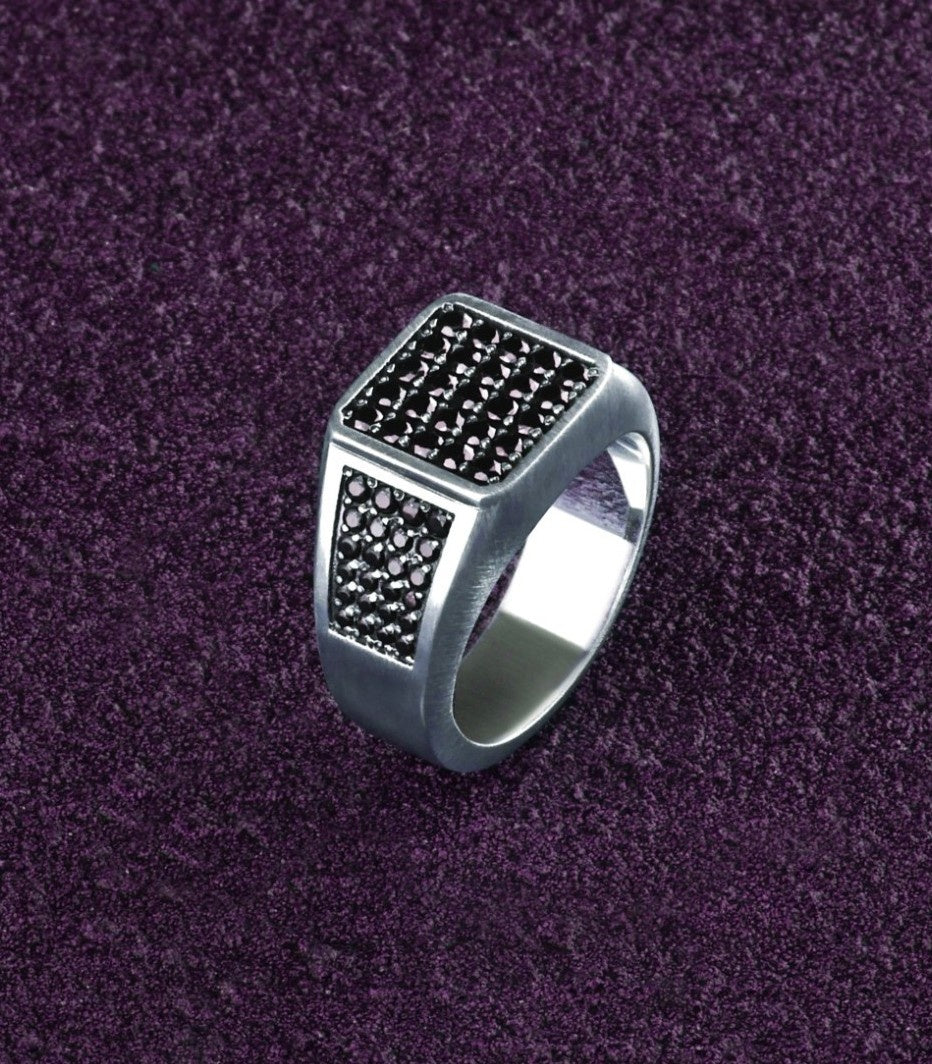 Mens Designer Ring Black Stone Signet Sterling Silver