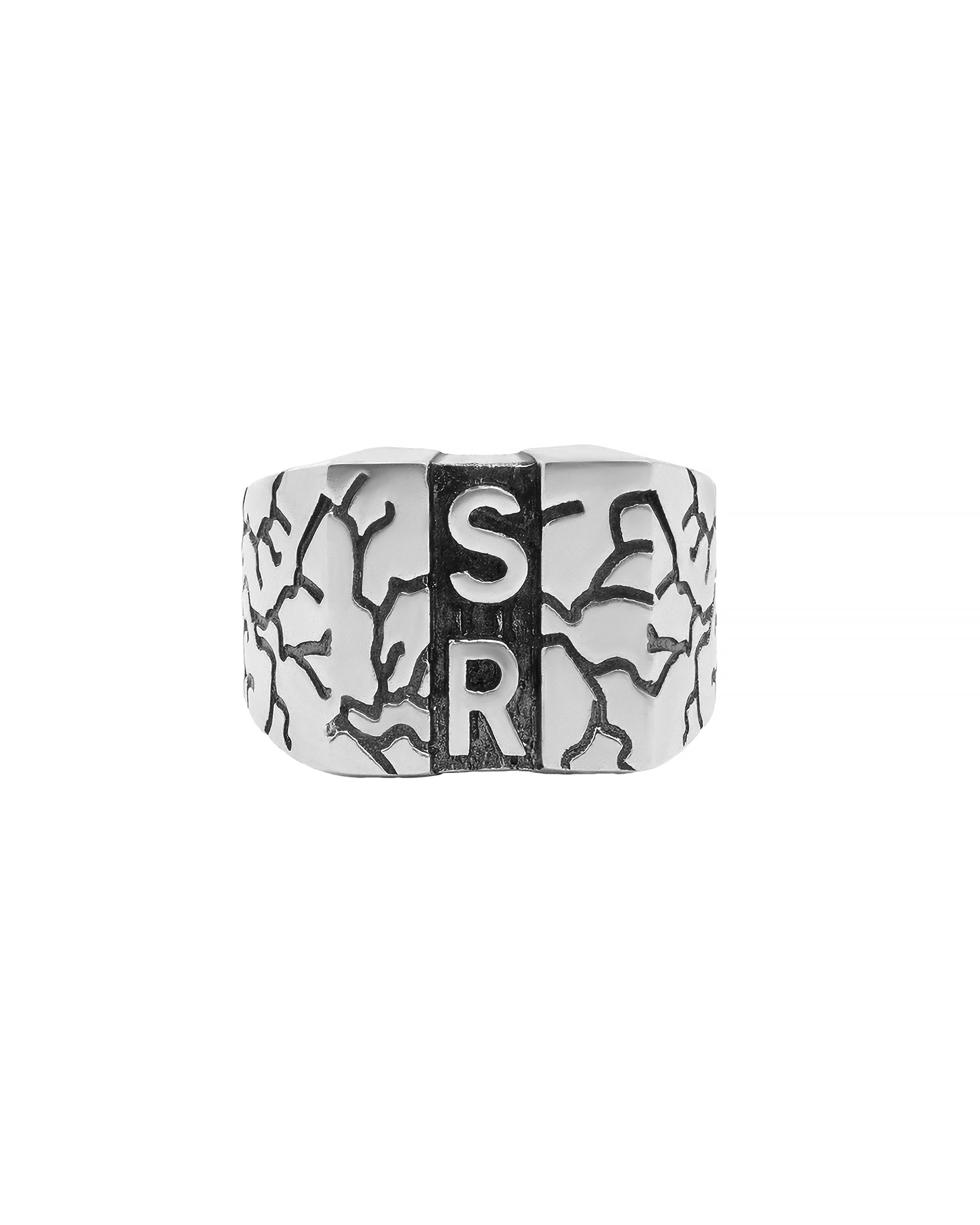 Modern Silver Signet Ring Two Initials Cracked Design