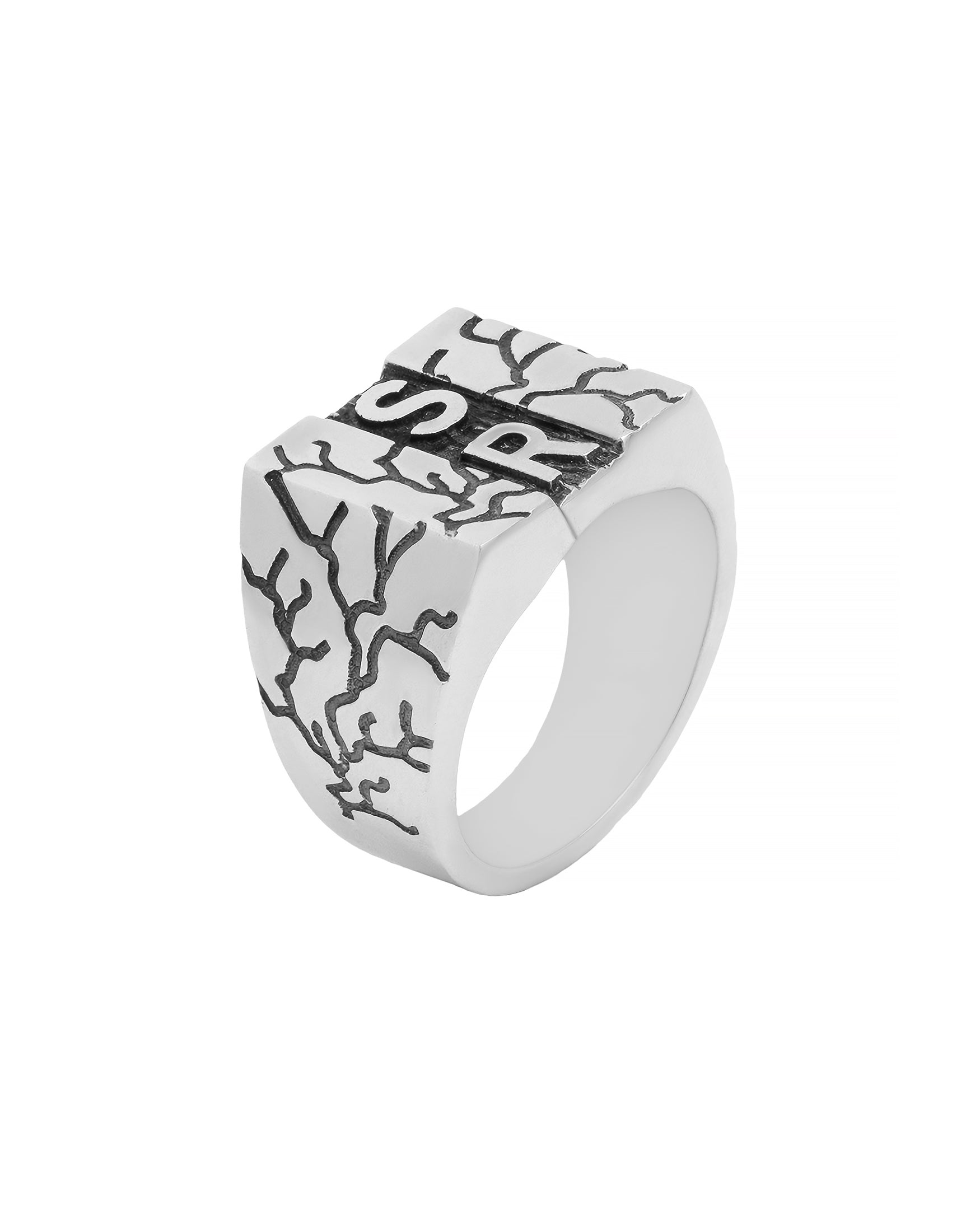 Modern Silver Signet Ring Two Initials Cracked Design