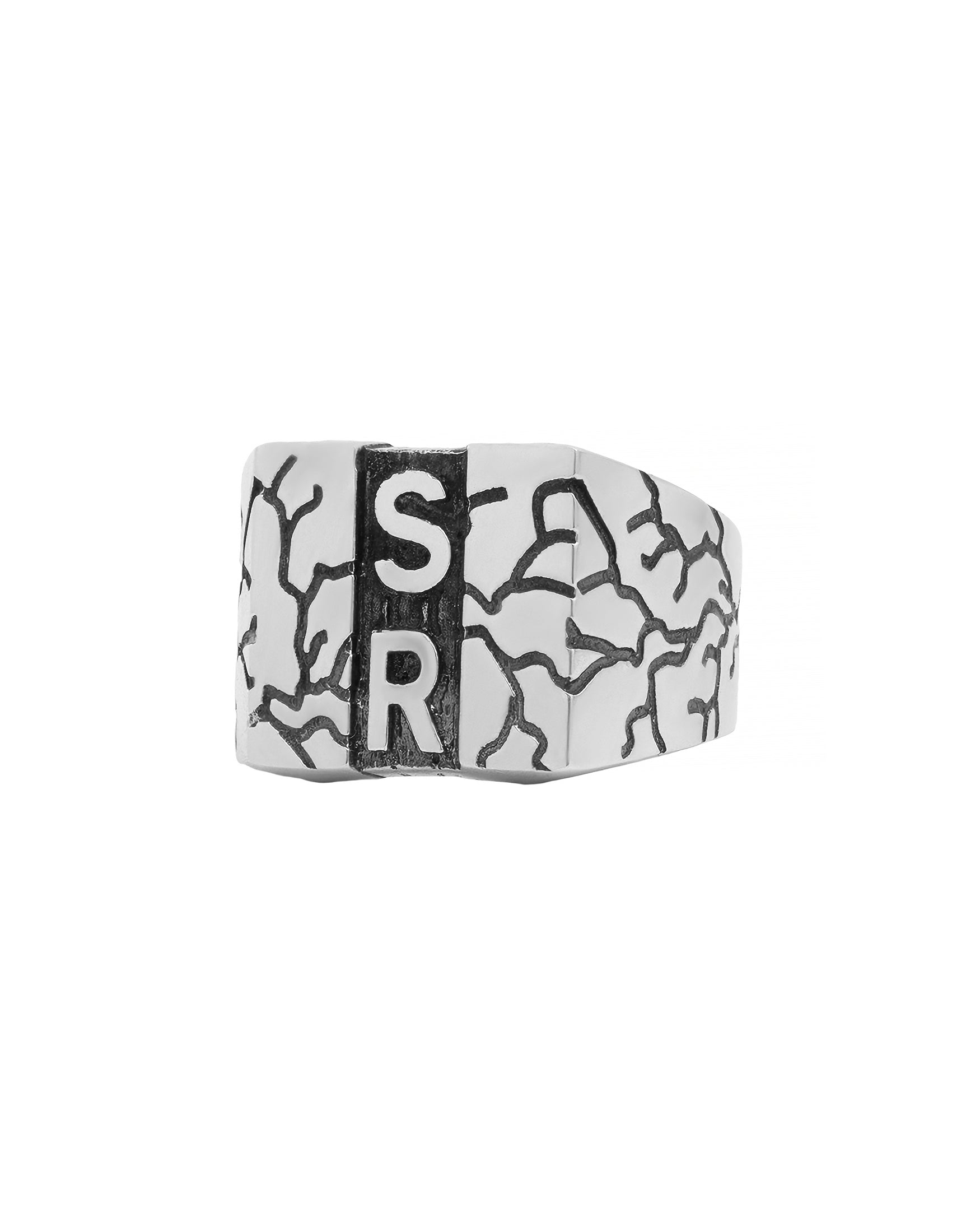 Modern Silver Signet Ring Two Initials Cracked Design