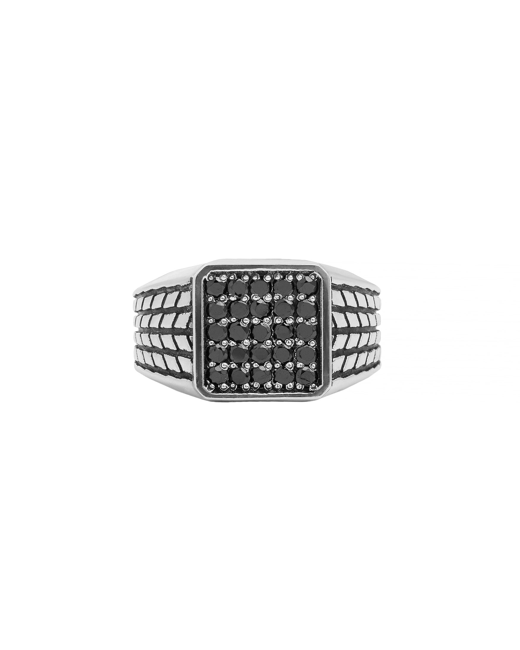 Patterned Signet Ring with Pave Black Stones Silver