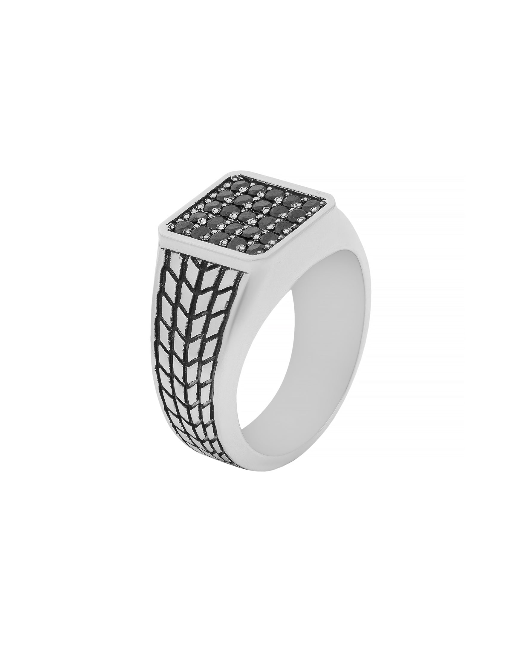 Patterned Signet Ring with Pave Black Stones Silver