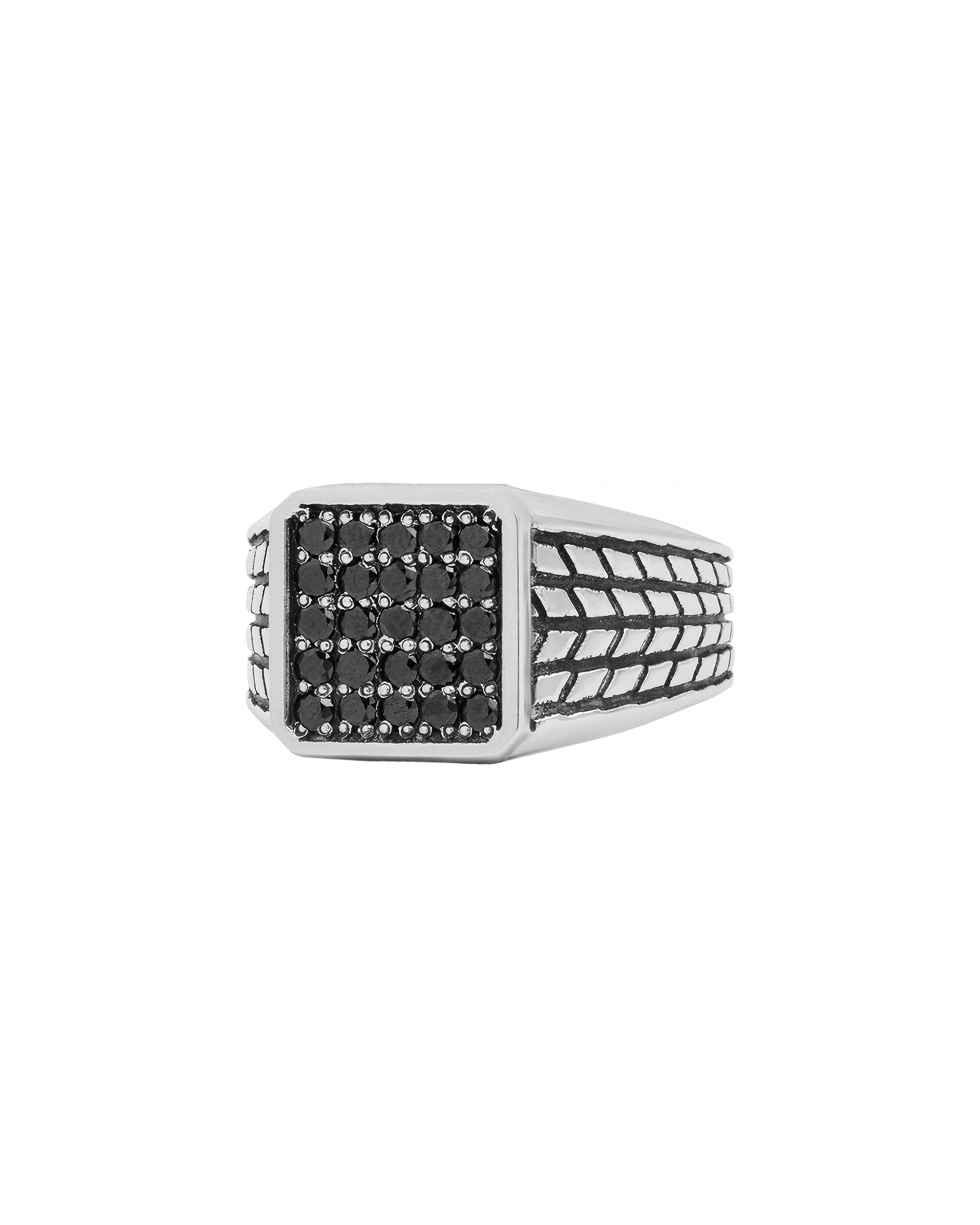 Patterned Signet Ring with Pave Black Stones Silver