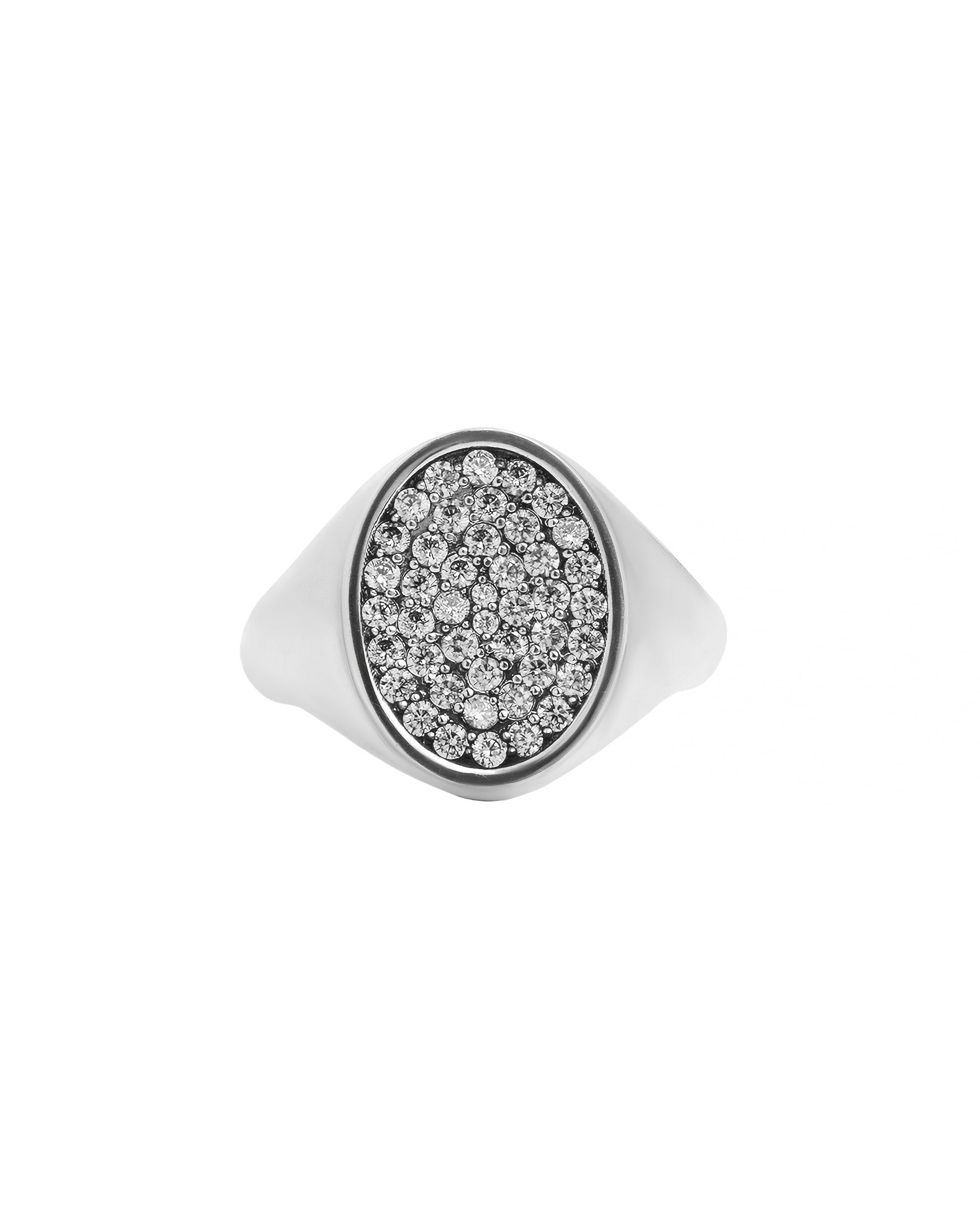 Oval Signet Ring Silver Full Head Pave White Stones