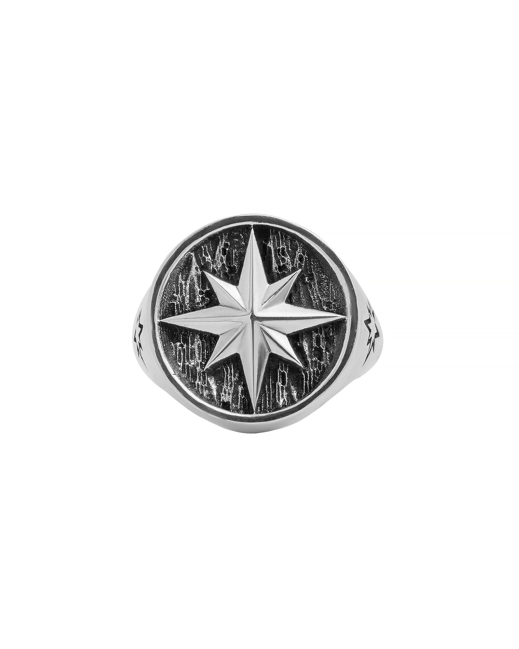 North Star Signet Ring Fine Silver Round Shape Oxidized