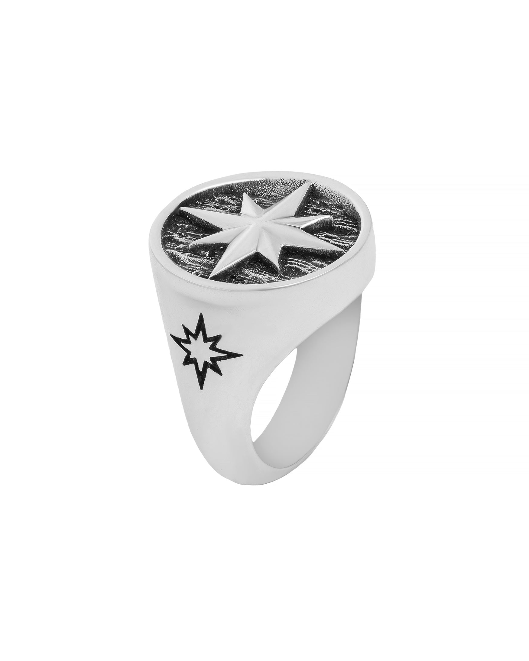 North Star Signet Ring Fine Silver Round Shape Oxidized