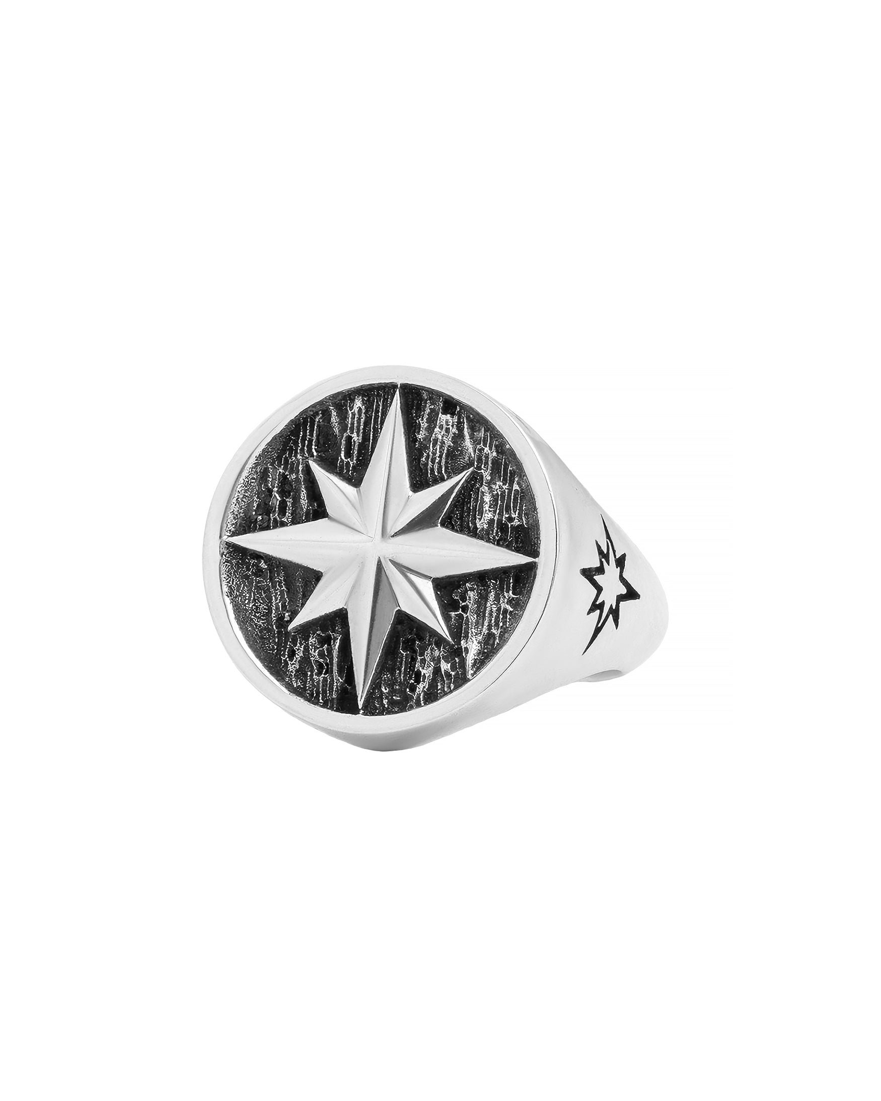 North Star Signet Ring Fine Silver Round Shape Oxidized