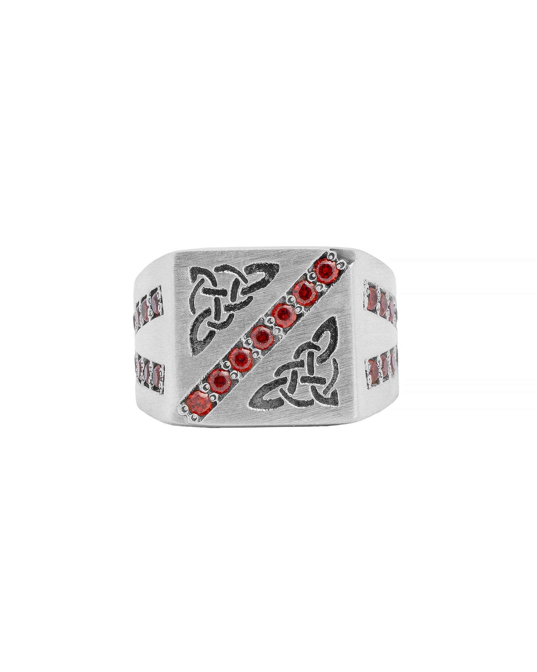 Silver Signet Ring Celtic Knot Trinity and Garnets