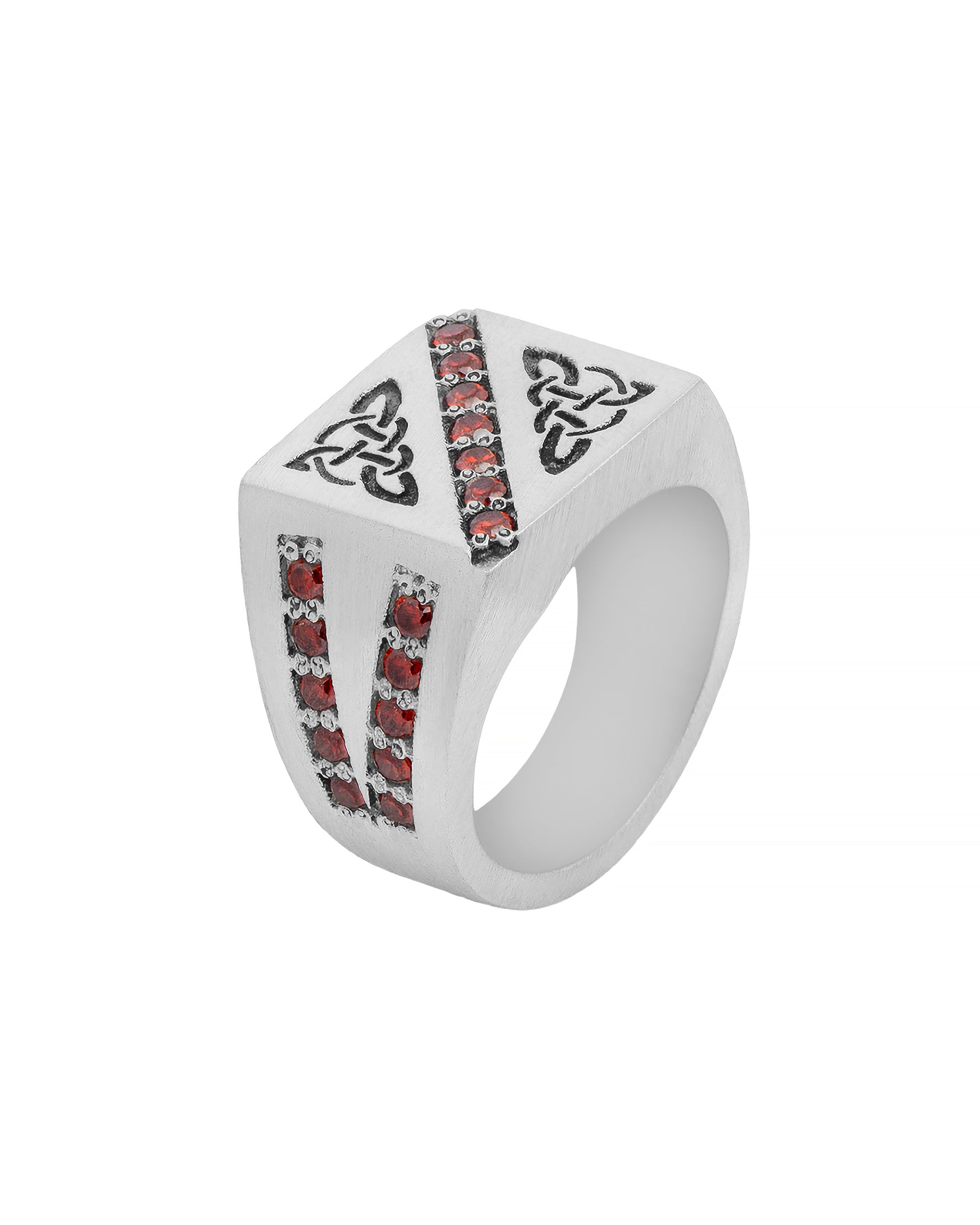 Silver Signet Ring Celtic Knot Trinity and Garnets