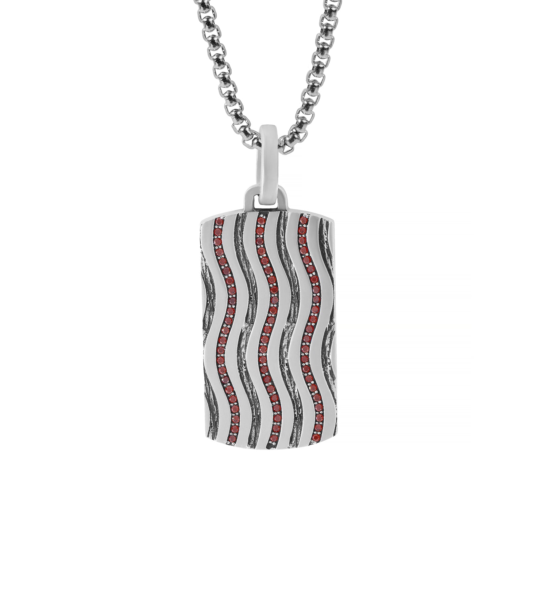 Mens Wavy Design Red Gemstones Dog Tag Pendant Silver