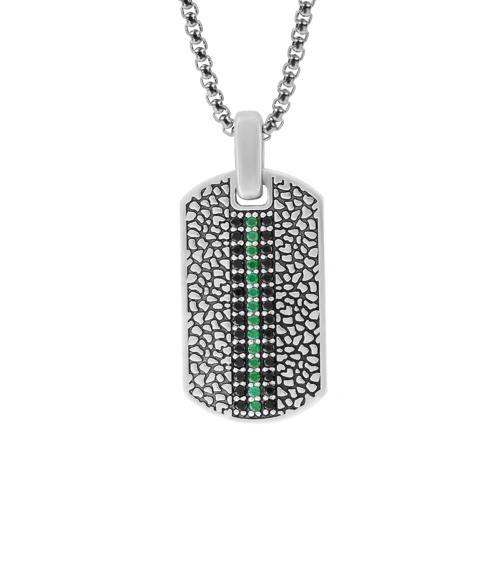 Masculine Tag Pendant with Black Diamond and Emerald CZ