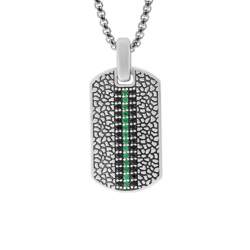 Masculine Tag Pendant with Black Diamond and Emerald CZ