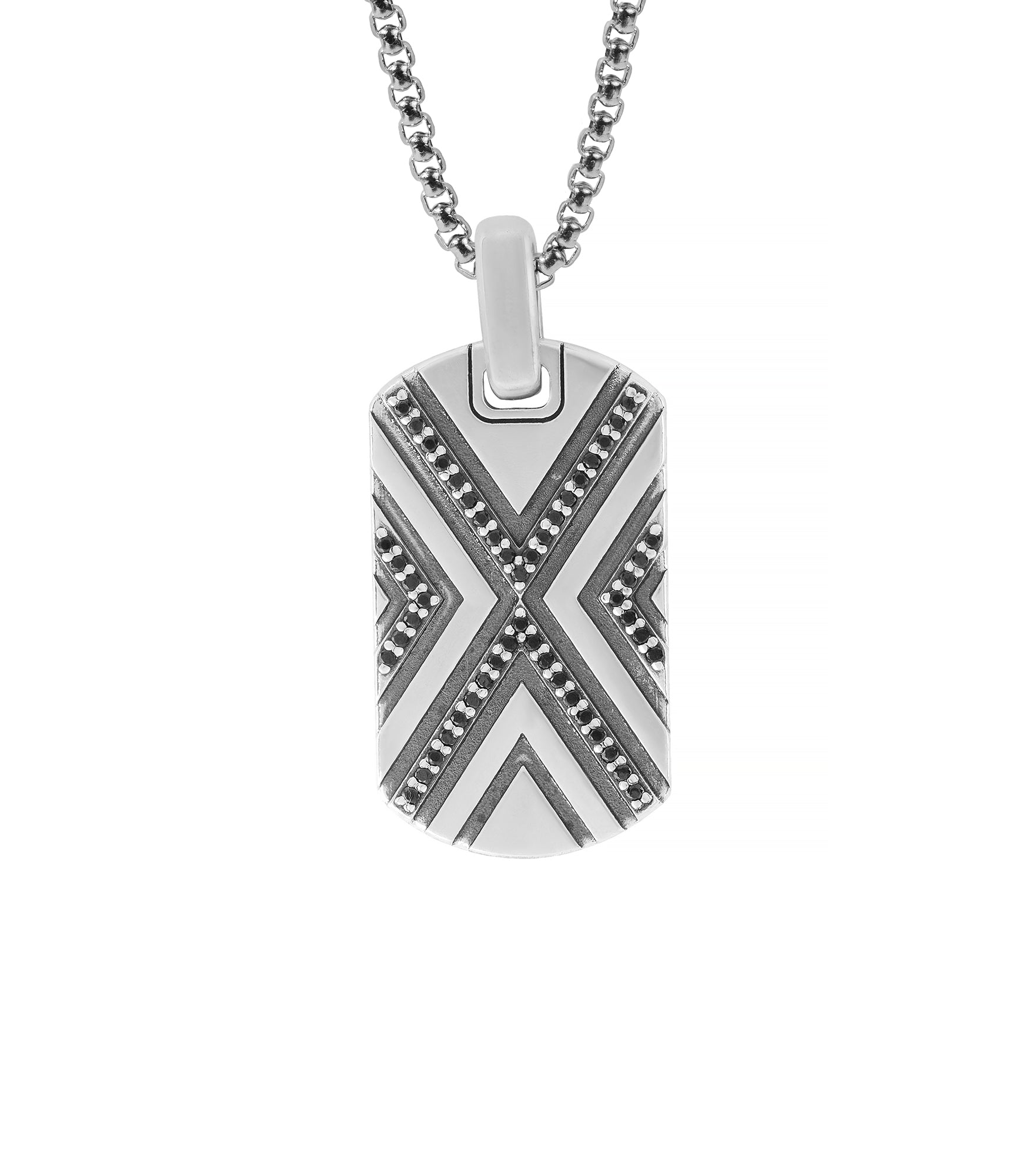Elegant Geometric Silver Tag Necklace Black Diamonds