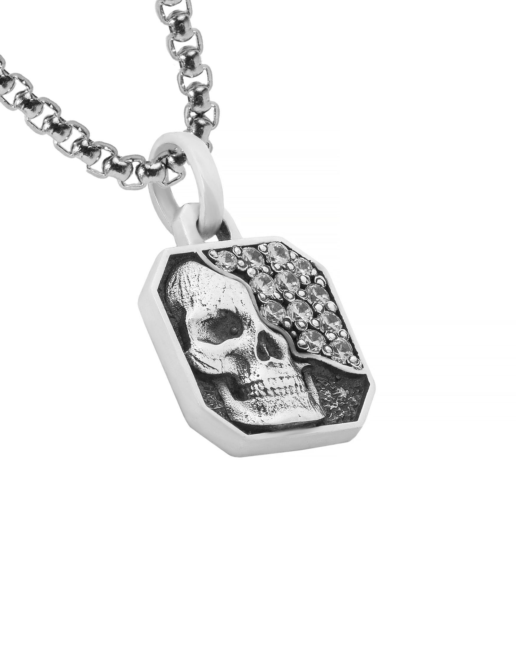 Gothic Octagon Necklace Skull & Diamonds CZ Silver