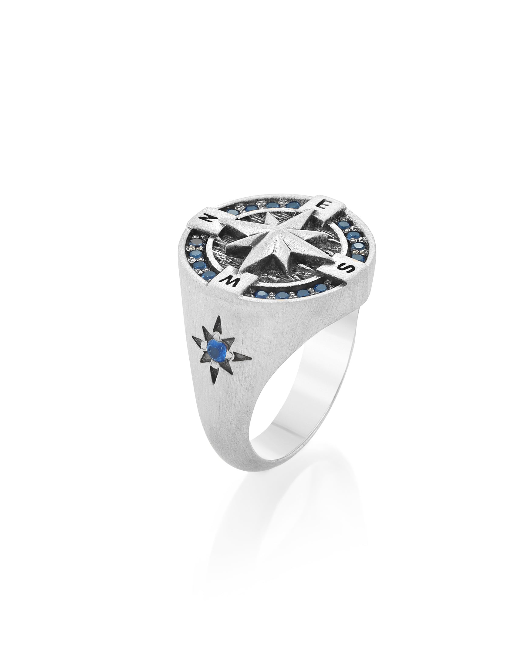 Round Silver Compass Signet Ring with Blue Sapphire CZ