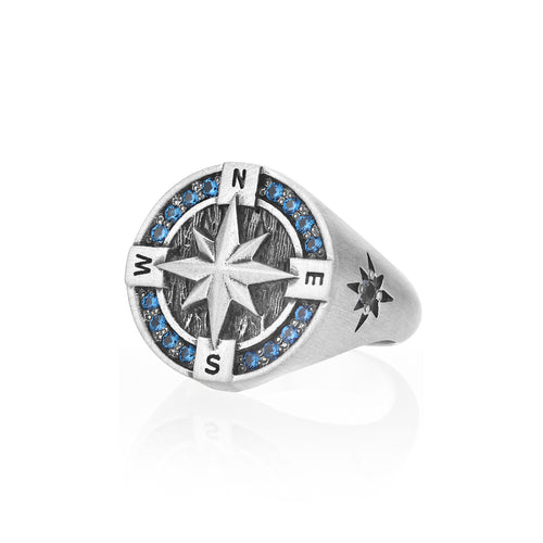 Round Silver Compass Signet Ring with Blue Sapphire CZ