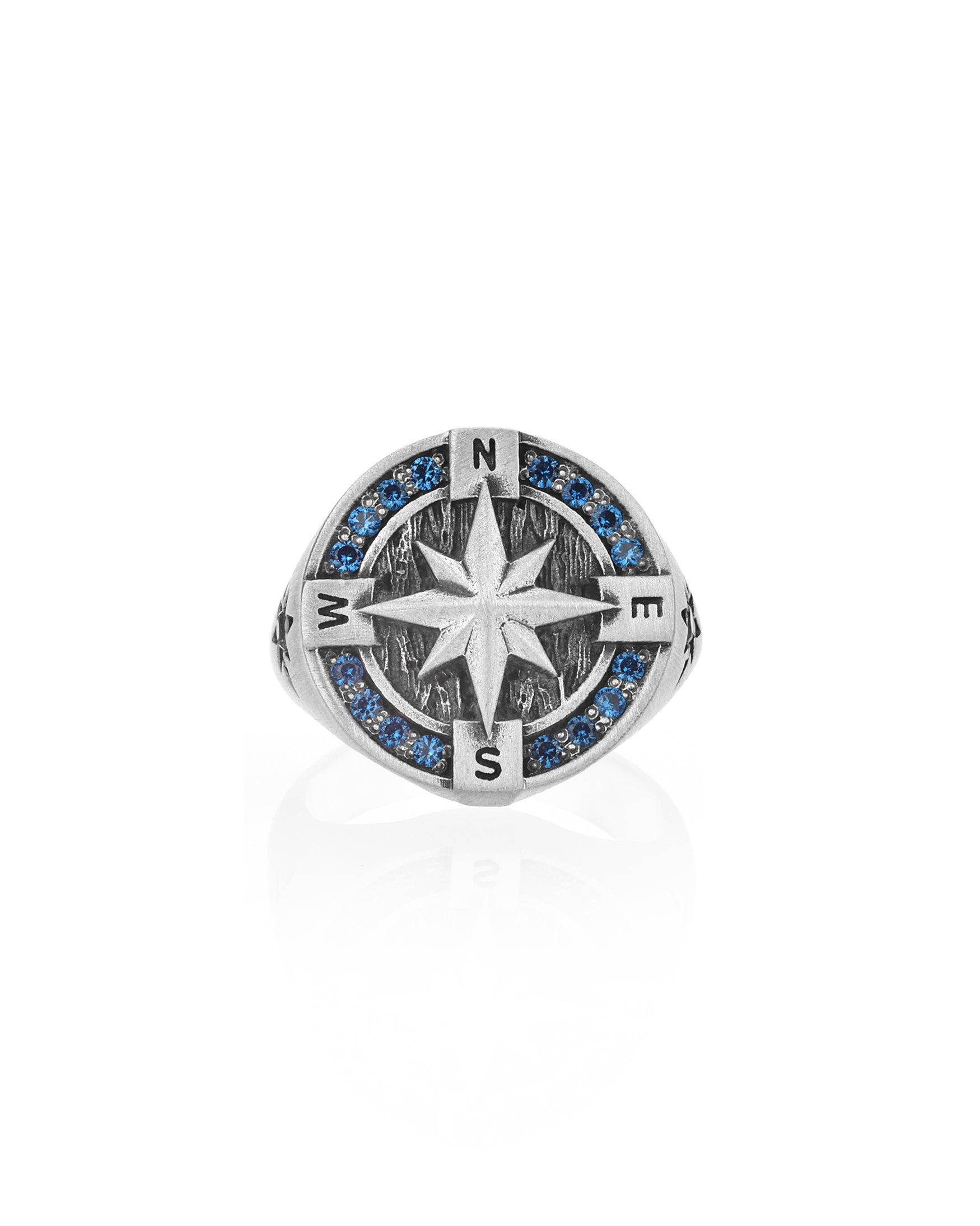 Round Silver Compass Signet Ring with Blue Sapphire CZ
