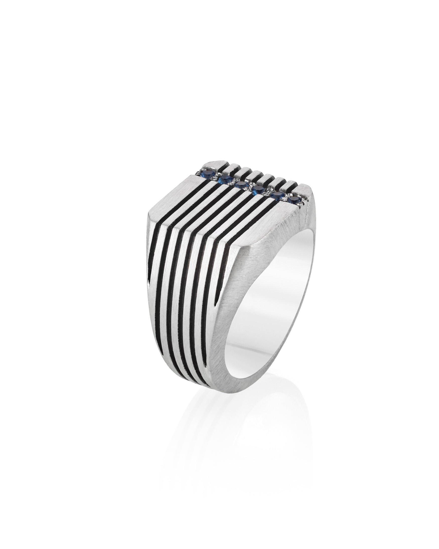 Silver Square Signet Ring Blue Stones & Brutal Stripes