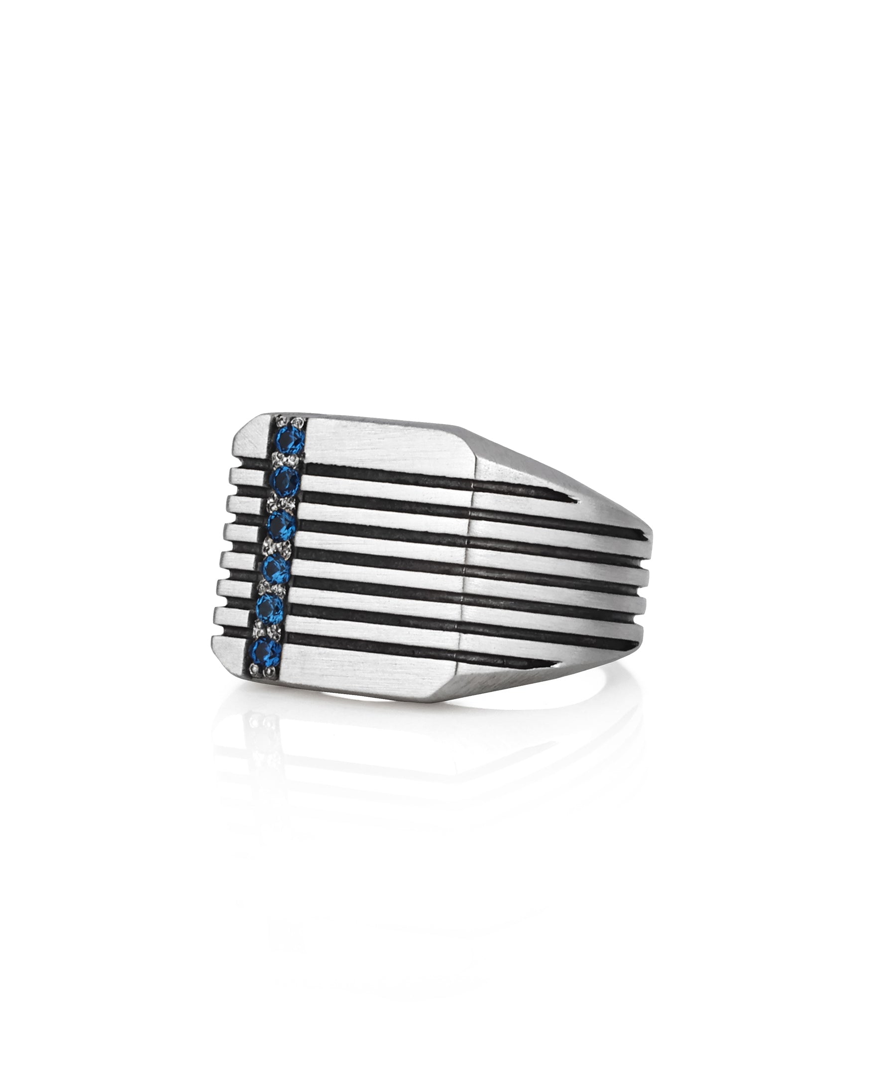 Silver Square Signet Ring Blue Stones & Brutal Stripes