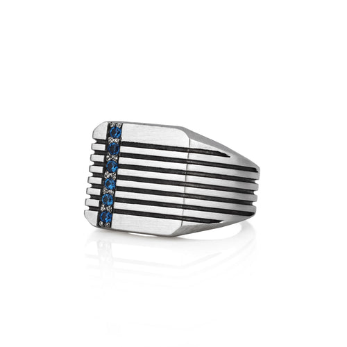 Silver Square Signet Ring Blue Stones & Brutal Stripes