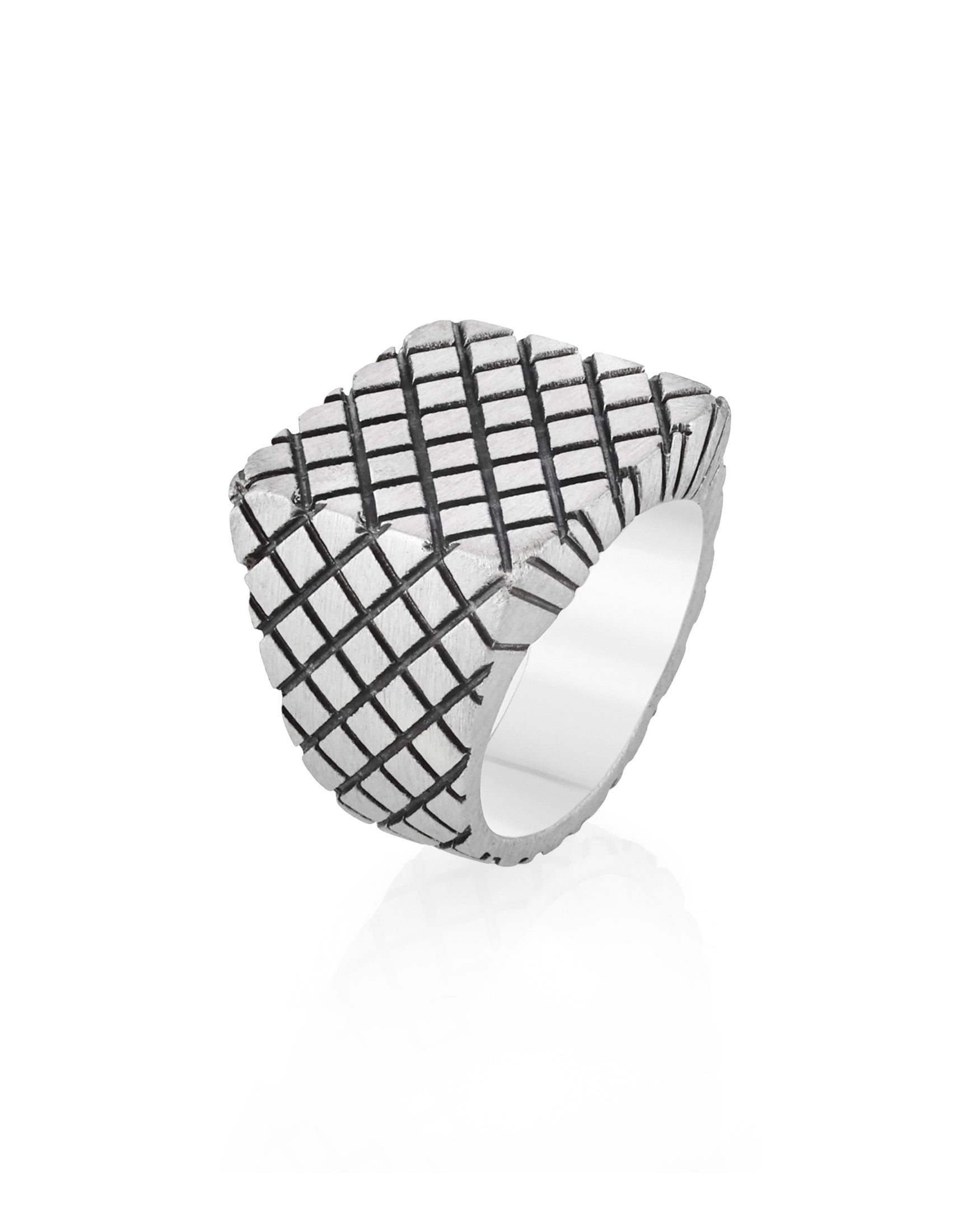 Engraved Grid Chunky Signet Signet Silver Geometric