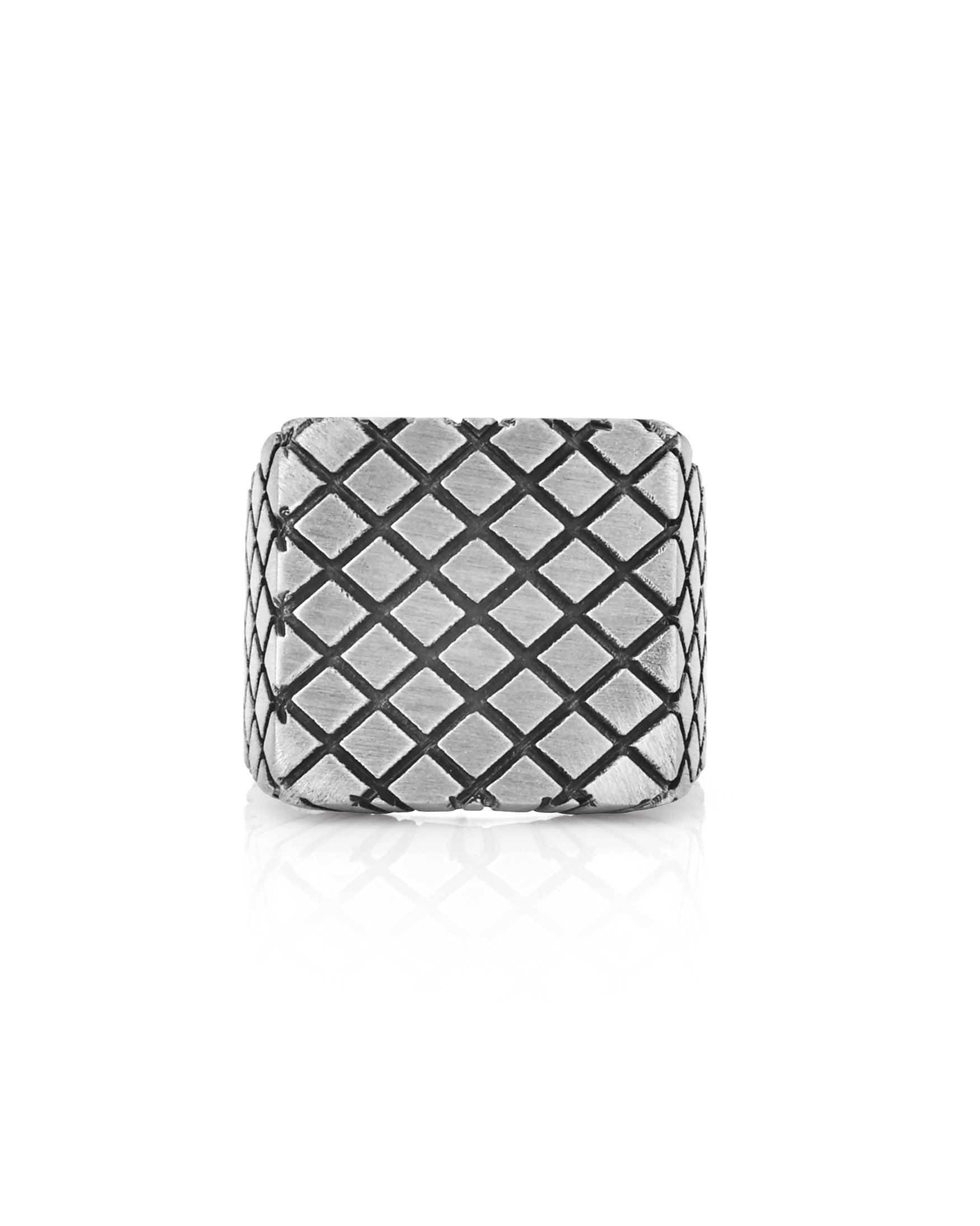Engraved Grid Chunky Signet Signet Silver Geometric