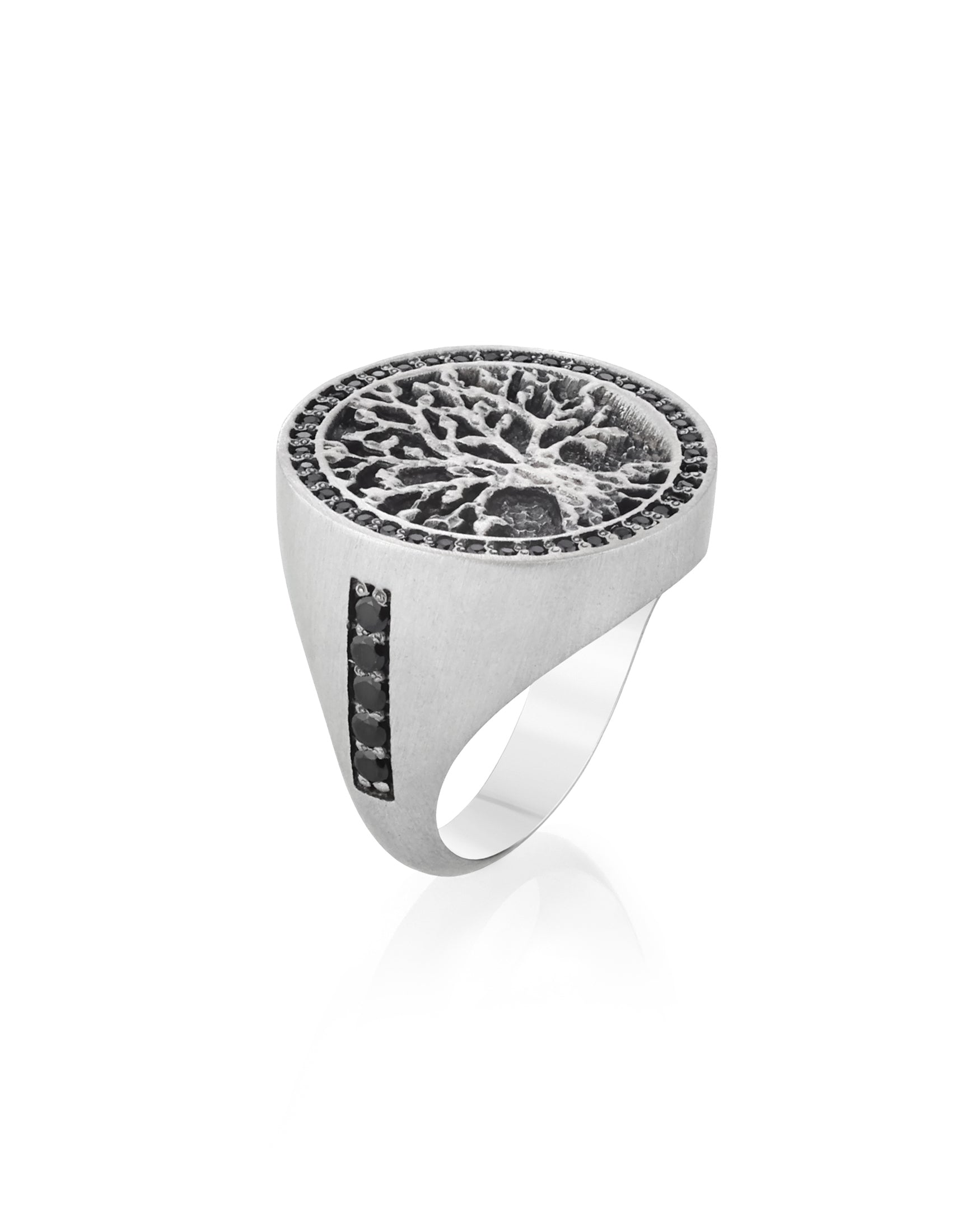 Norse Tree of Life Signet Ring Black Stones Round Shape