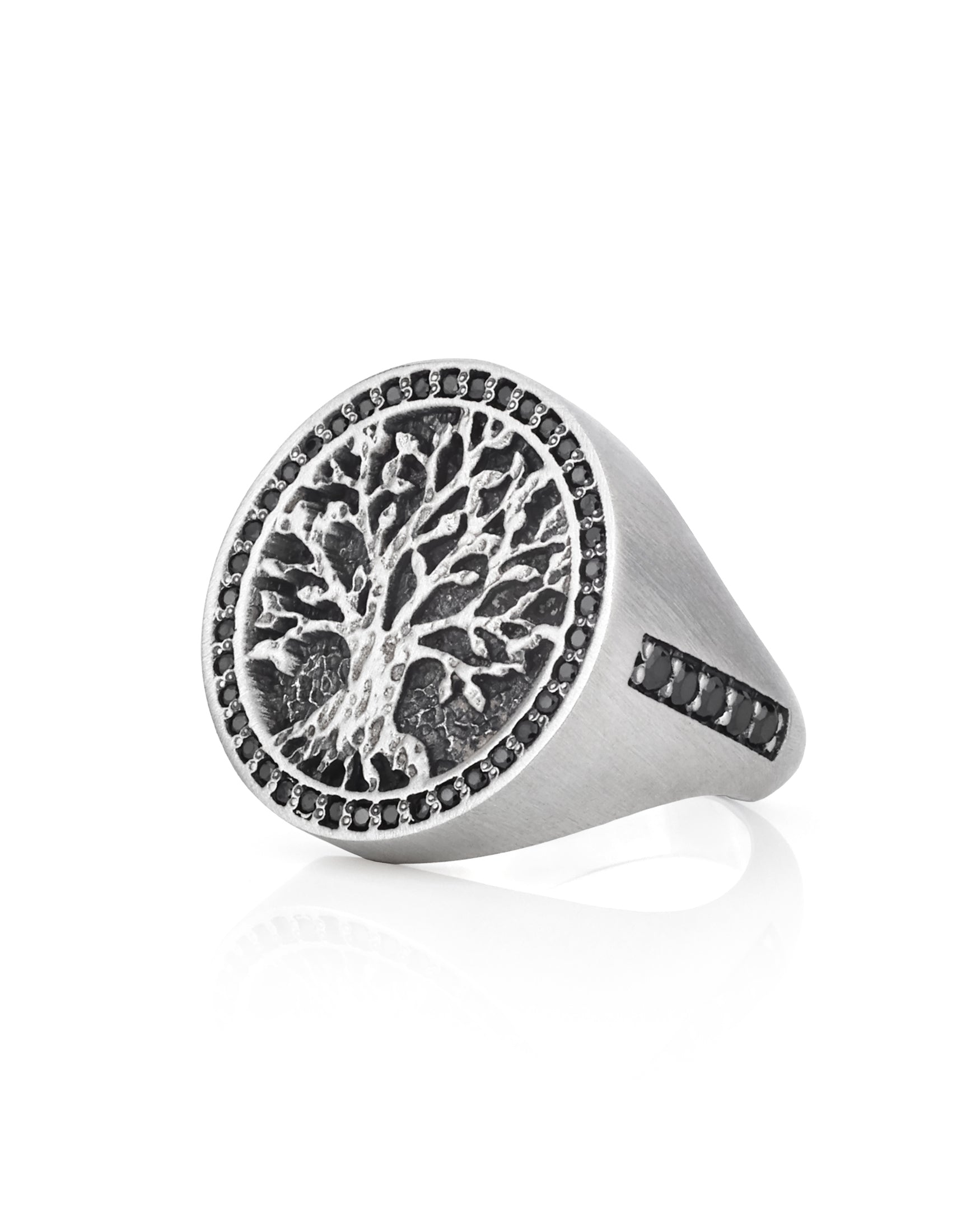 Norse Tree of Life Signet Ring Black Stones Round Shape