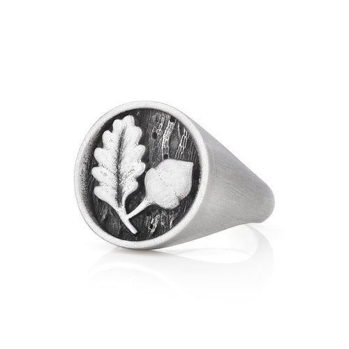 Acorn and Oak Leaf Silver Signet Ring Nature-Inspired