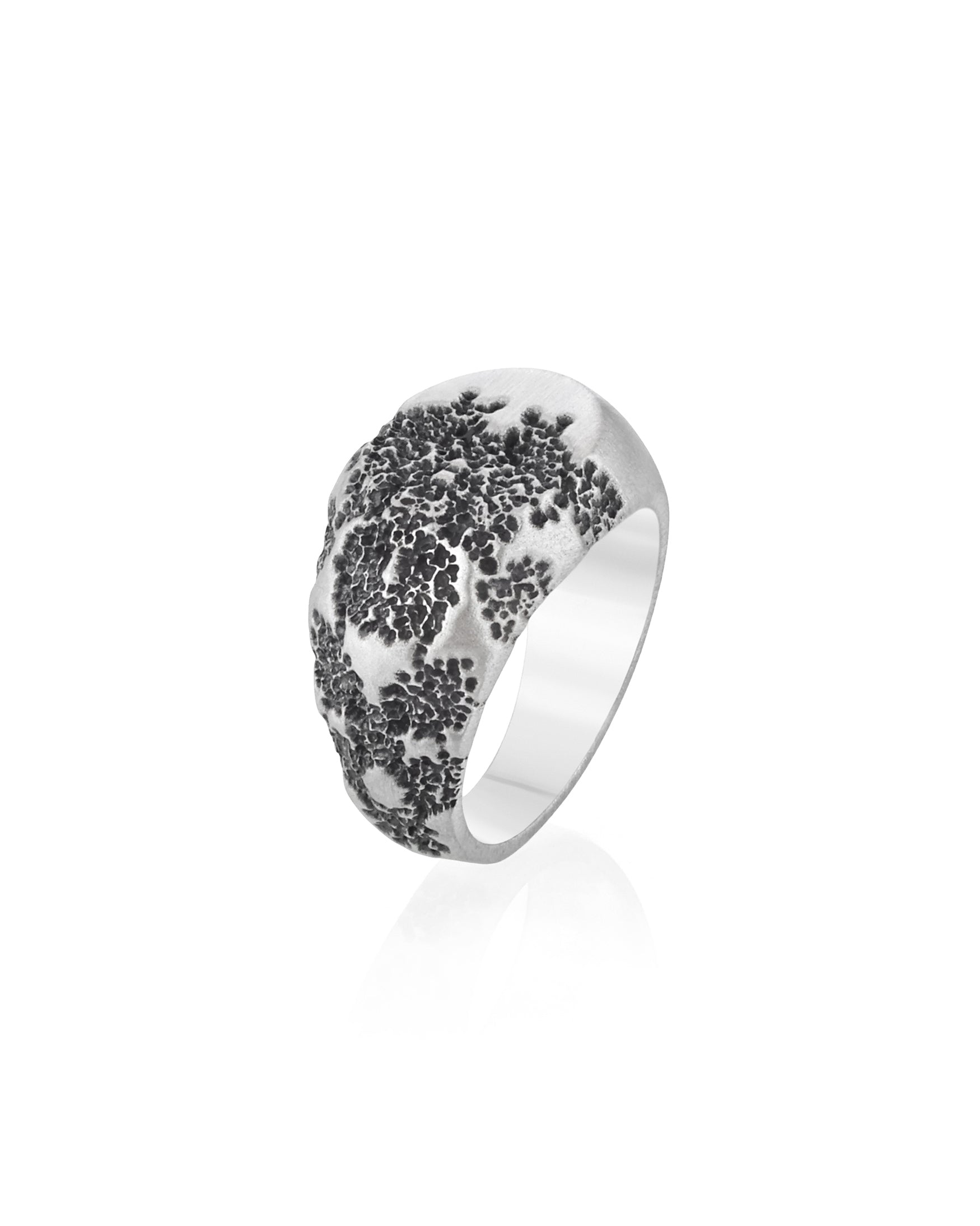 Mens Brutal Silver Signet Ring Meteor Textured Design
