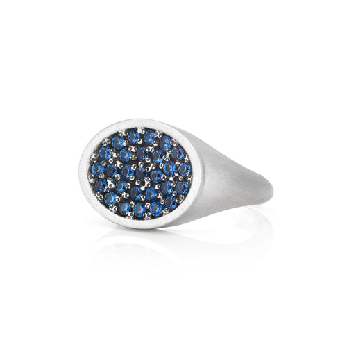 Silver Landscape Oval Signet Ring with Blue Stones